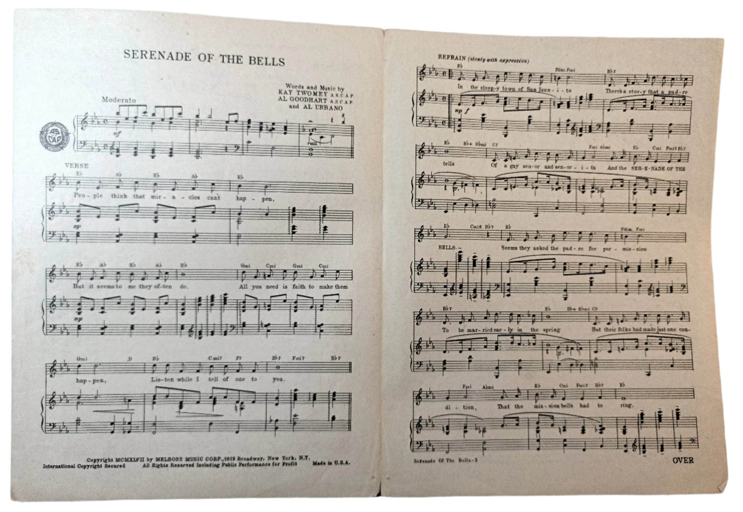 Serenade Of The Bells Kay Twomey Al Goodhart Al Urbano 1947 Sheet Music - TulipStuff
