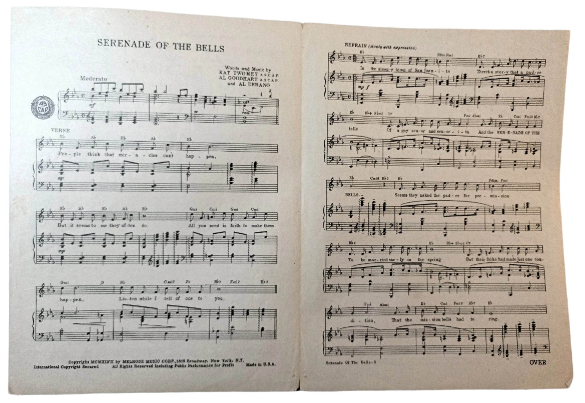 Serenade Of The Bells Kay Twomey Al Goodhart Al Urbano 1947 Sheet Music - TulipStuff