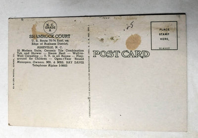 Shamrock Court Motel Asheville North Carolina Postcard 1950's - TulipStuff