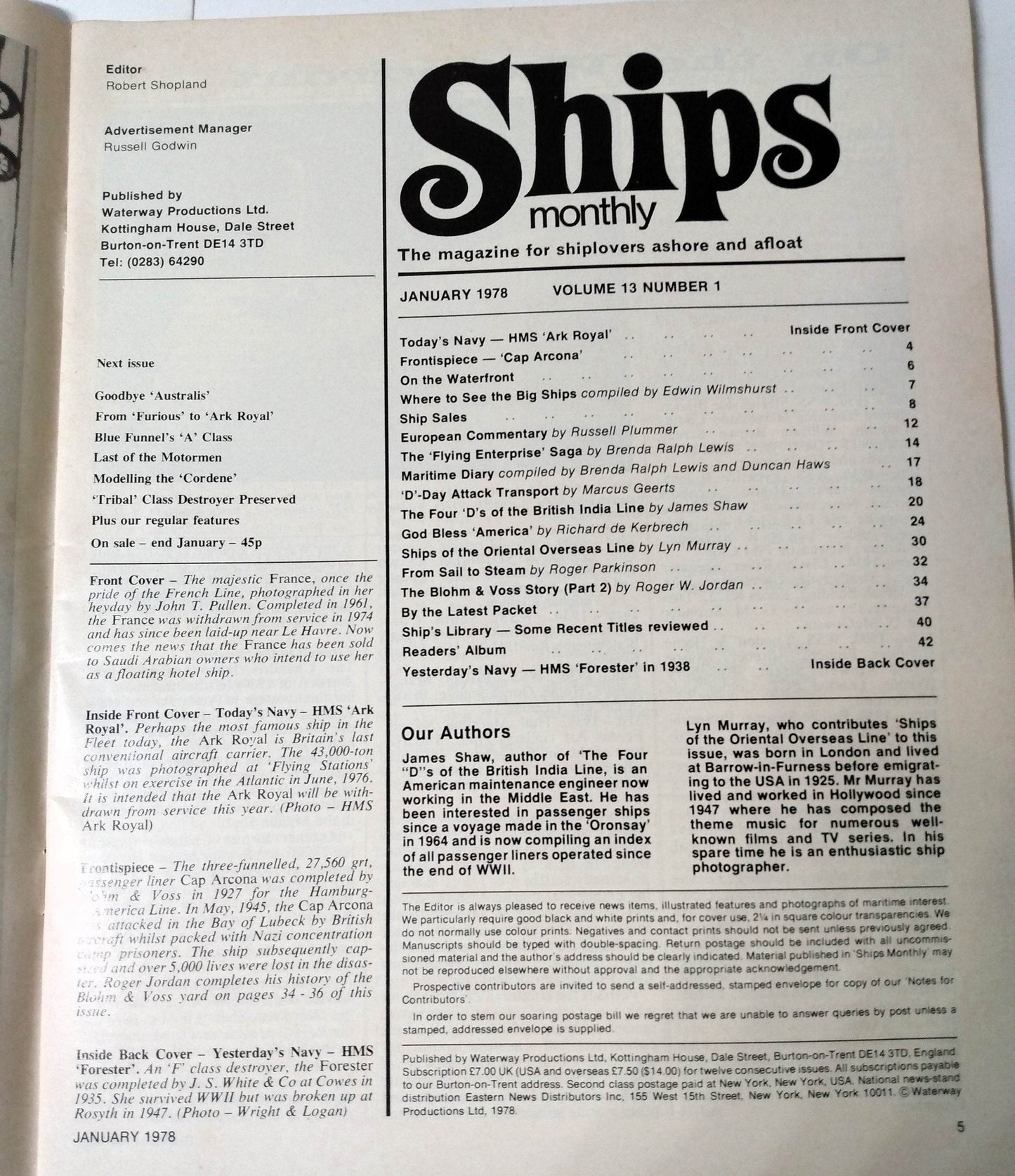 Ships Monthly Magazine January 1978 ss France ss America Orient Overseas Line British India Line Ark Royal  - TulipStuff