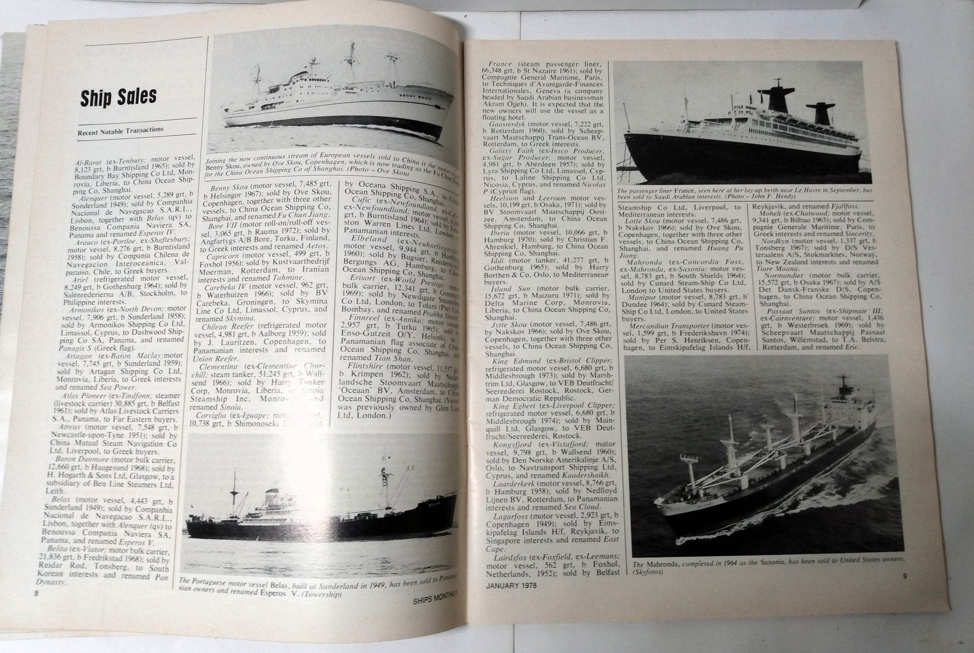 Ships Monthly Magazine January 1978 ss France ss America Orient Overseas Line British India Line Ark Royal  - TulipStuff