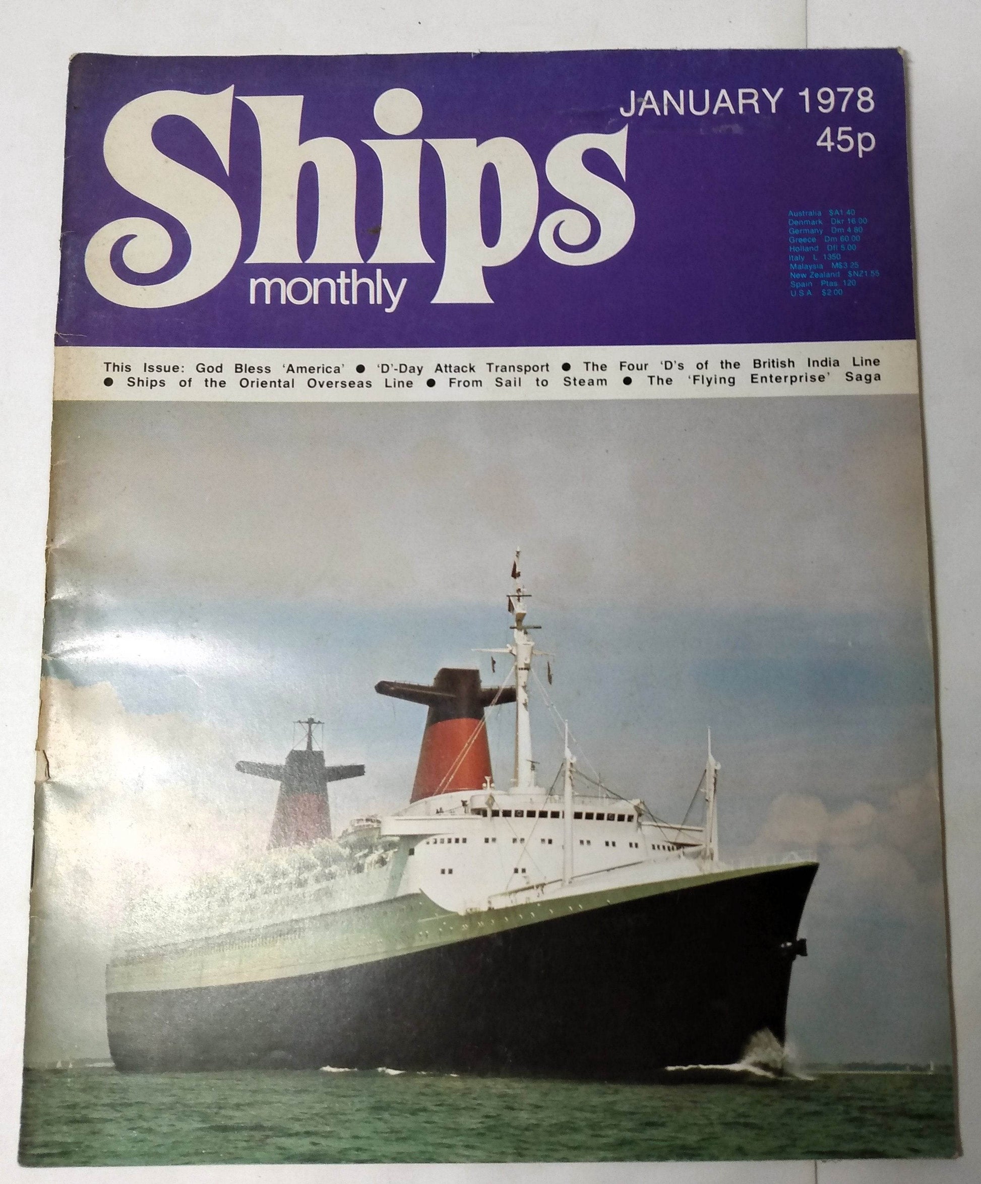 Ships Monthly Magazine January 1978 ss France ss America Orient Overseas Line British India Line Ark Royal  - TulipStuff
