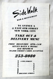 SideWalk Cafe Bar Restaurant Avenue A NYC Takeout Menu Early 2000's - TulipStuff