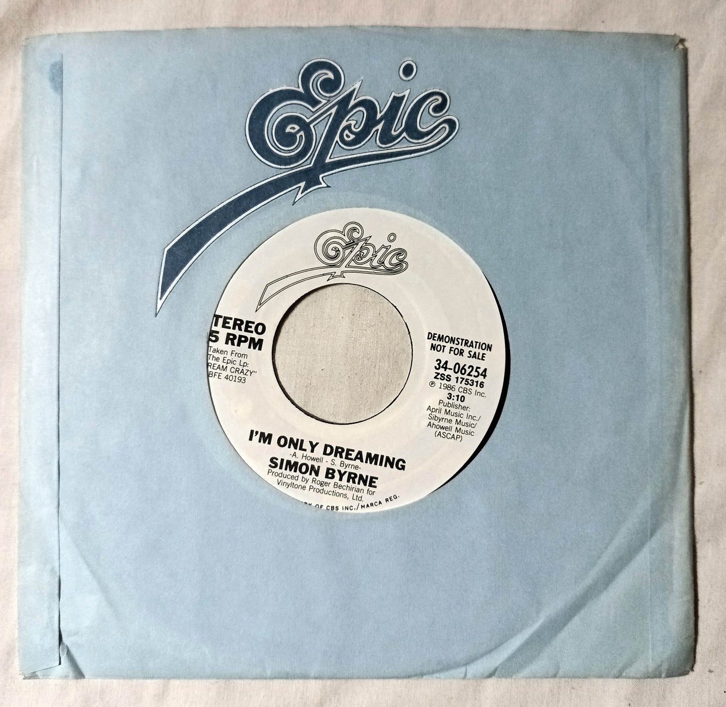 Simon Byrne I'm Only Dreaming Pop Rock 7" Vinyl 1986 Epic Promo - TulipStuff