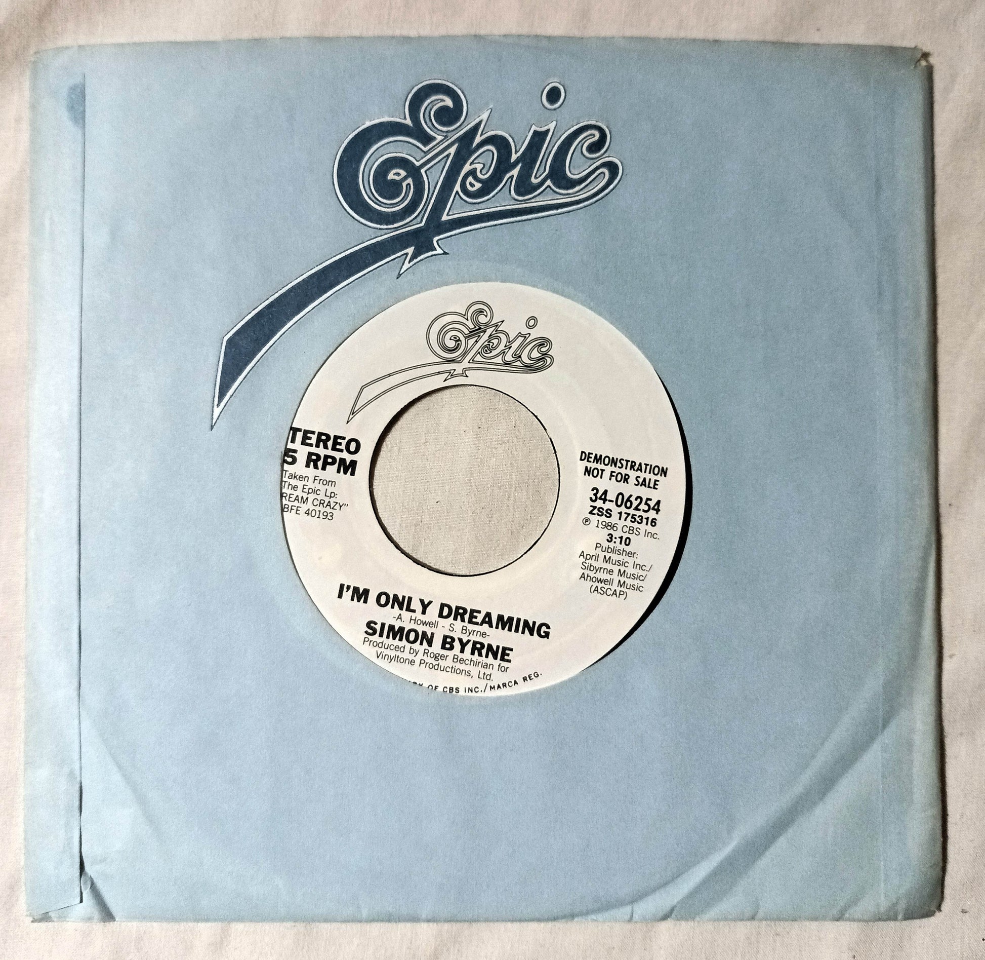 Simon Byrne I'm Only Dreaming Pop Rock 7" Vinyl 1986 Epic Promo - TulipStuff