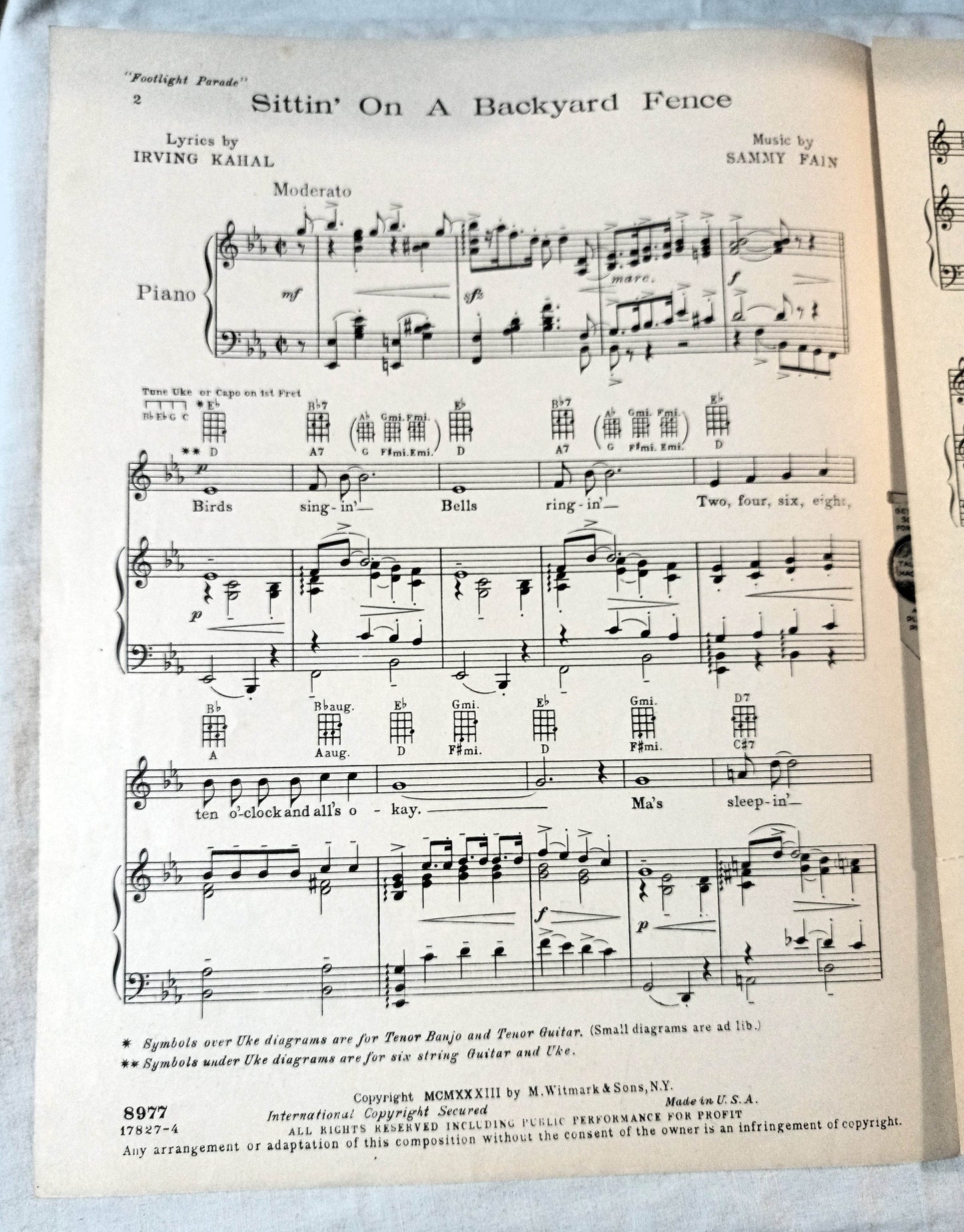 Sittin' On A Backyard Fence Footlight Parade James Cagney Sheet Music 1933 - TulipStuff