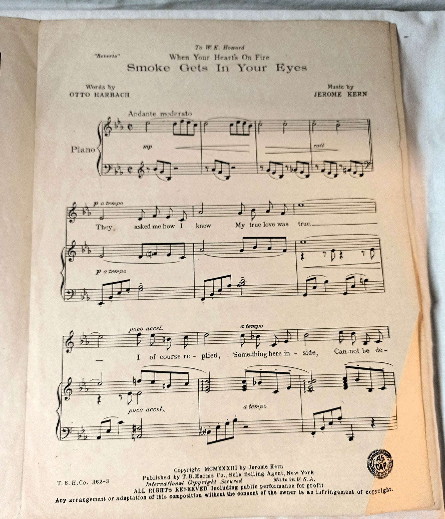 Smoke Gets In Your Eyes Roberta Jerome Kern Broadway Sheet Music 1933 - TulipStuff