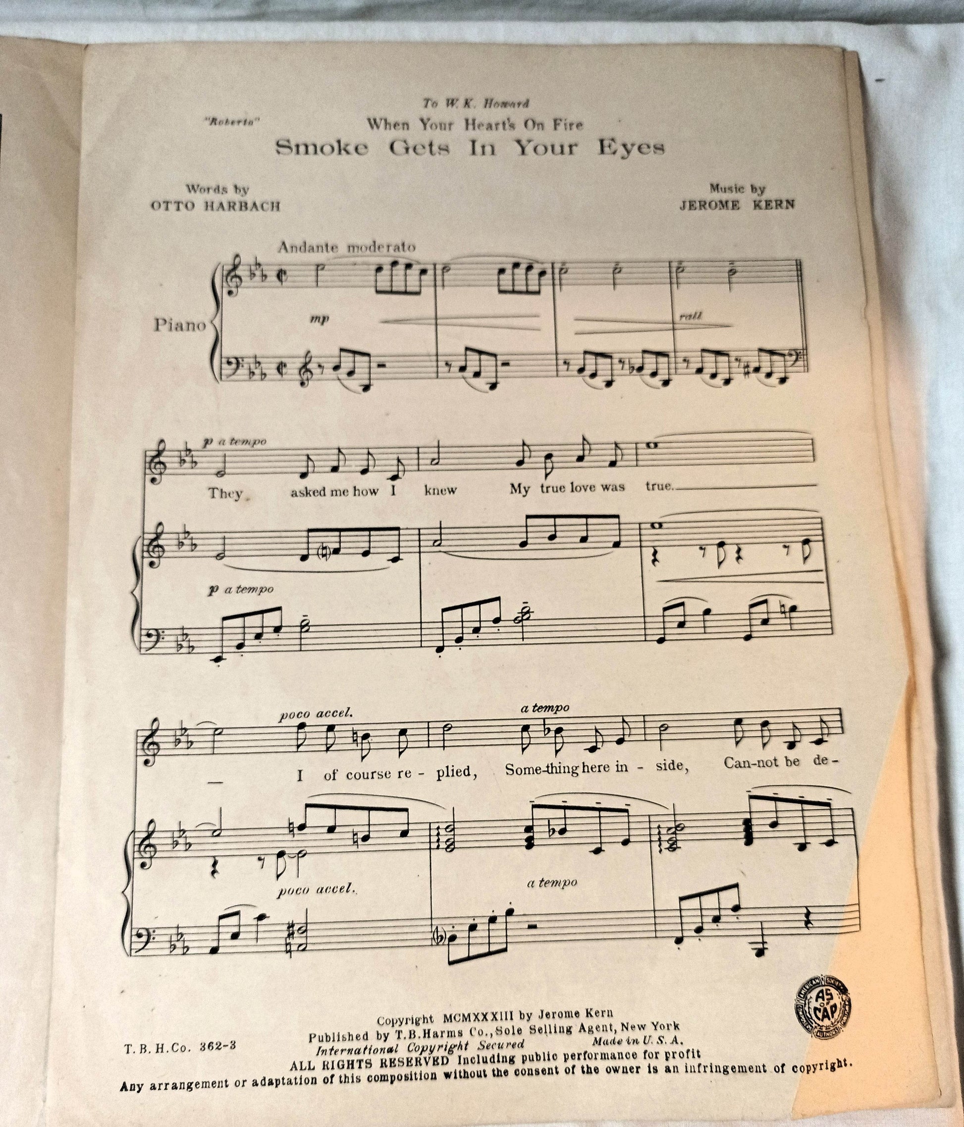 Smoke Gets In Your Eyes Roberta Jerome Kern Broadway Sheet Music 1933 - TulipStuff