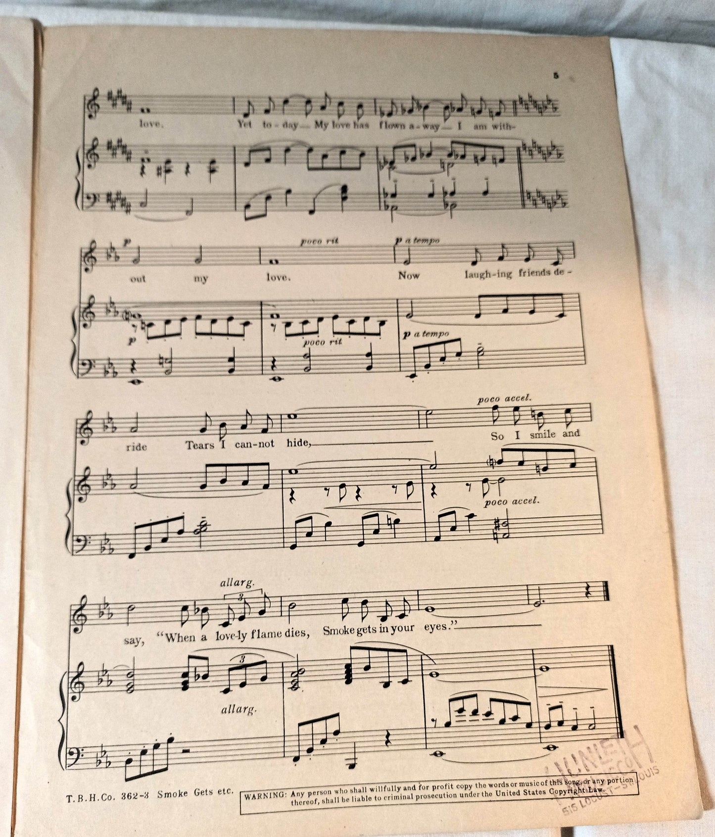 Smoke Gets In Your Eyes Roberta Jerome Kern Broadway Sheet Music 1933 - TulipStuff