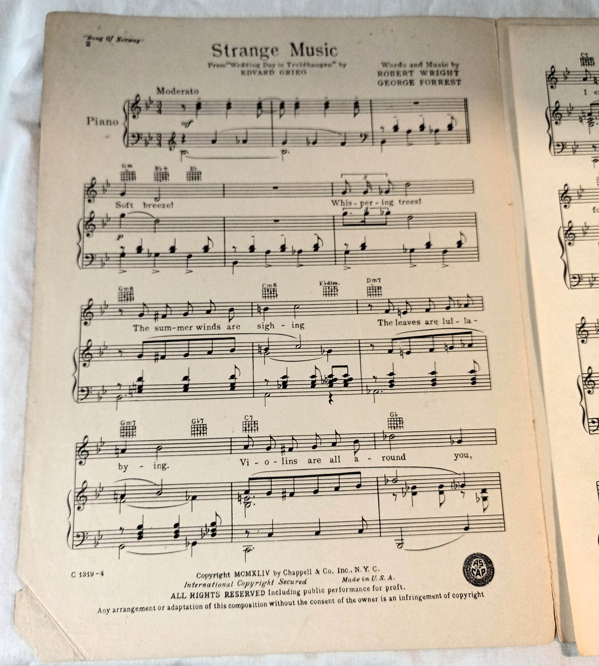 Song Of Norway Operetta Edvard Grieg Strange Music Sheet Music 1944 - TulipStuff