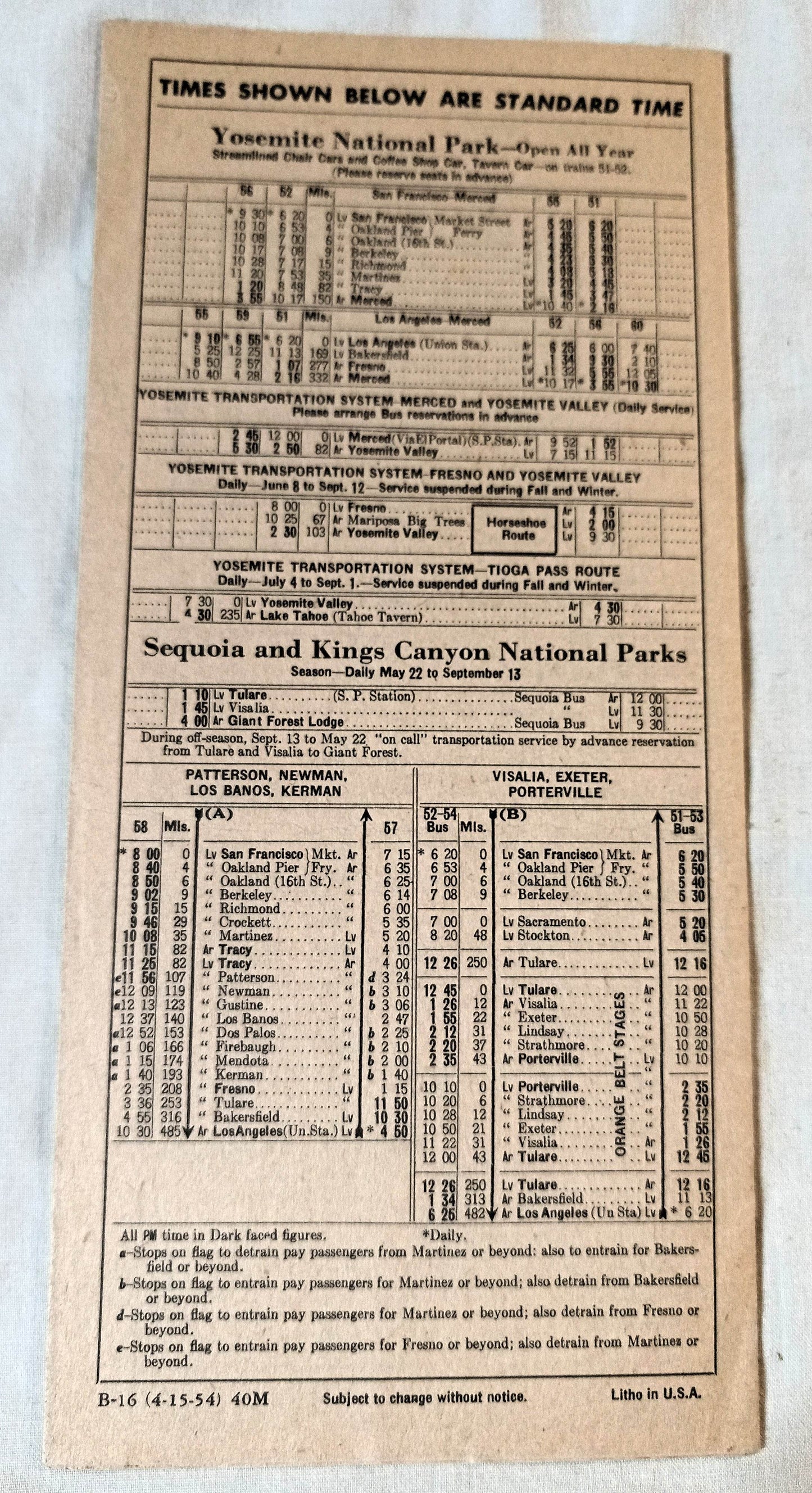 Southern Pacific Coast Line San Joaquin Valley Timetables April 1954 - TulipStuff