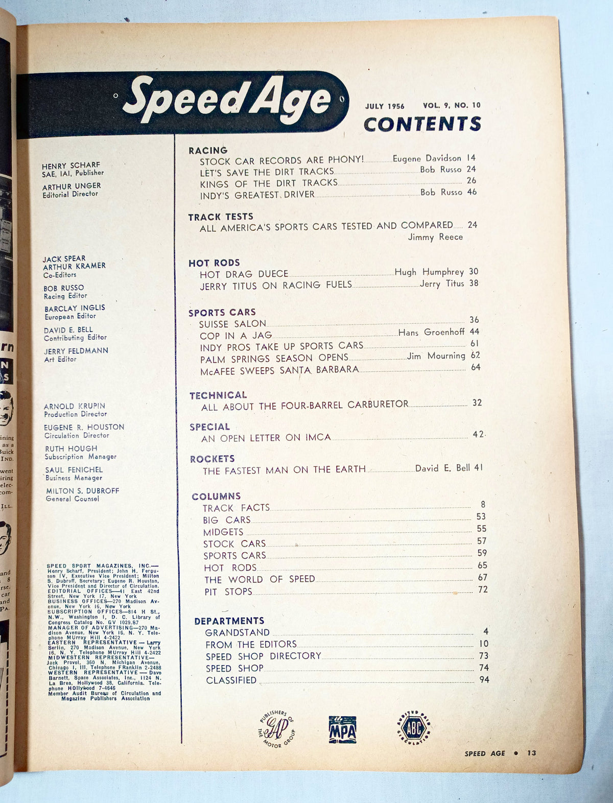 Speed Age Magazine July 1956 Sports Car Comparison Hot Rods Indy - TulipStuff