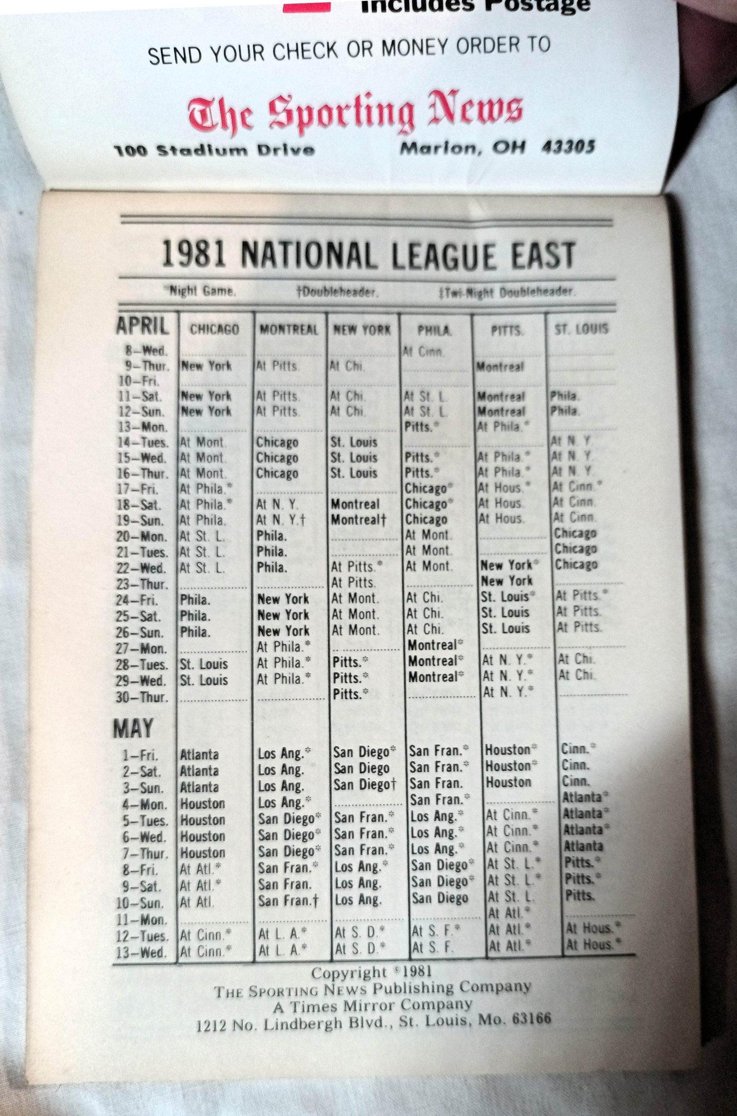 Sporting News 1981 Official AL NL Baseball Schedules And Records - TulipStuff