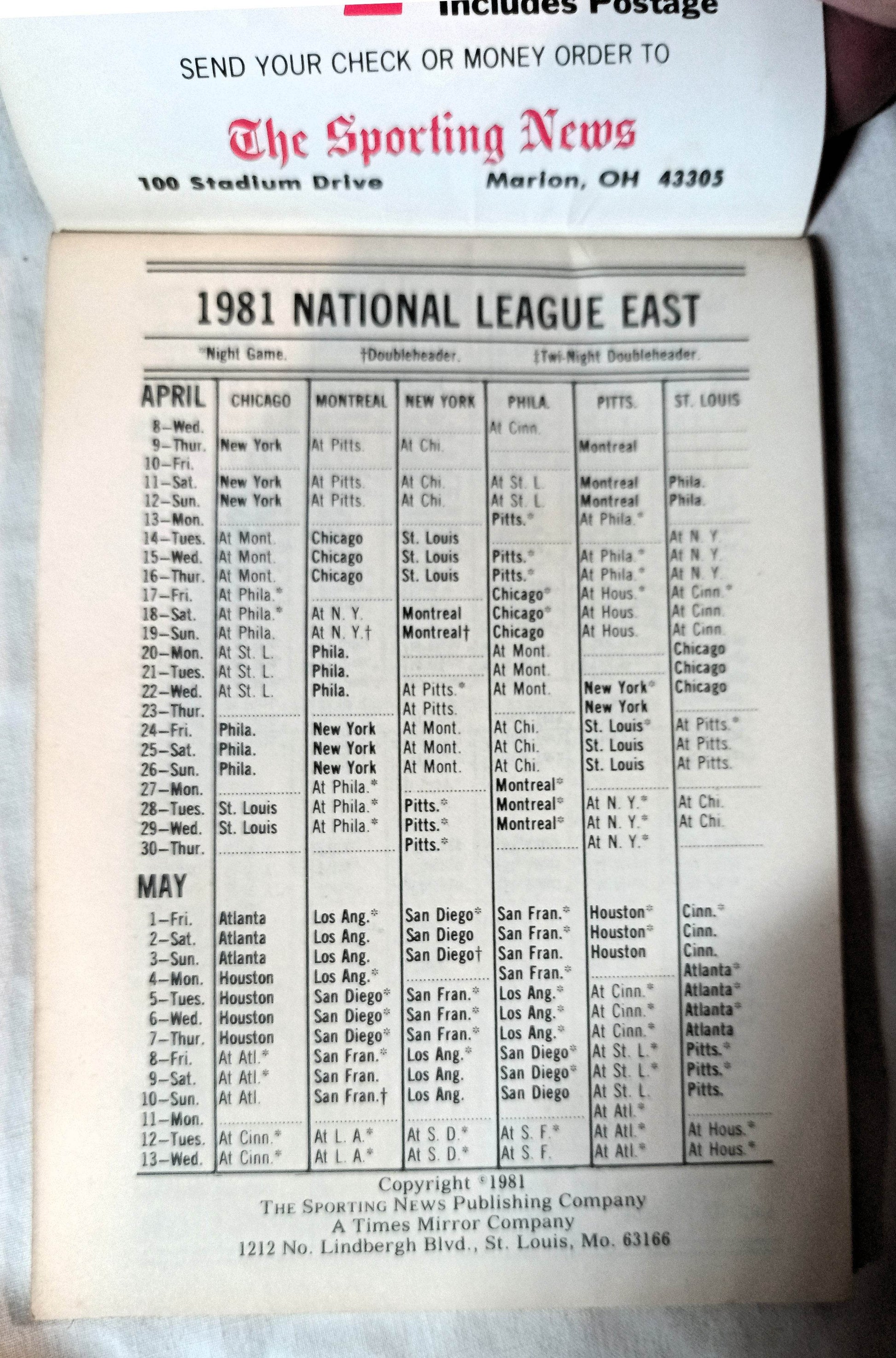 Sporting News 1981 Official AL NL Baseball Schedules And Records - TulipStuff