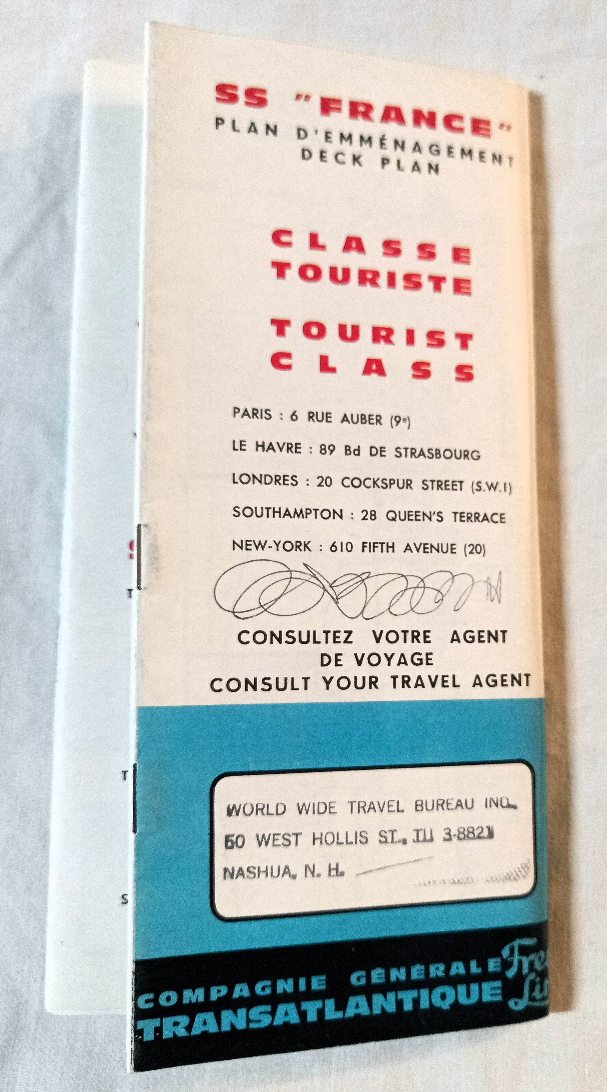 French Line ss France Tourist Class Deck Plans English/French 1961 - TulipStuff