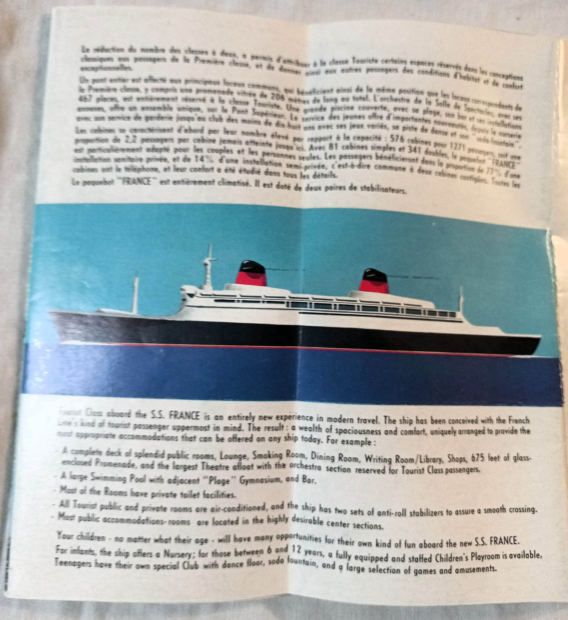 French Line ss France Tourist Class Deck Plans English/French 1961 - TulipStuff