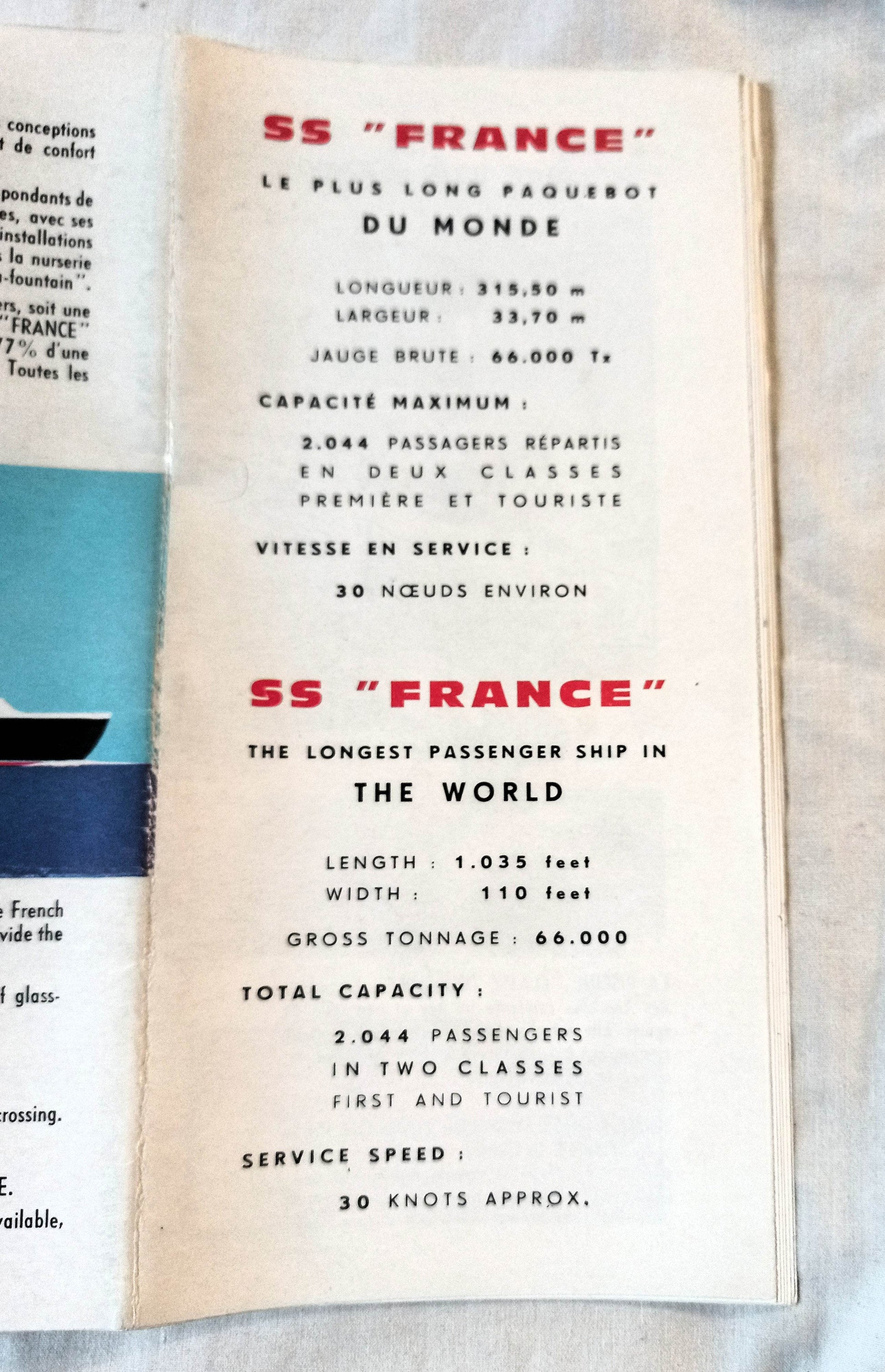 French Line ss France Tourist Class Deck Plans English/French 1961 - TulipStuff