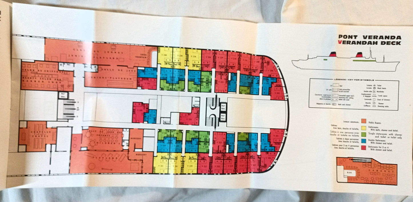 French Line ss France Tourist Class Deck Plans English/French 1961 - TulipStuff