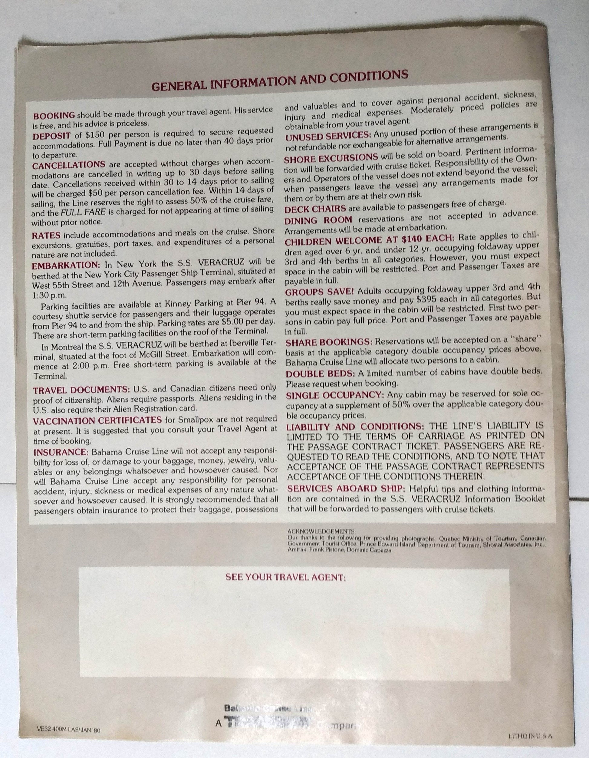 Bahama Cruise Line ss Veracruz Summer 1980 St Lawrence Canada Brochure - TulipStuff
