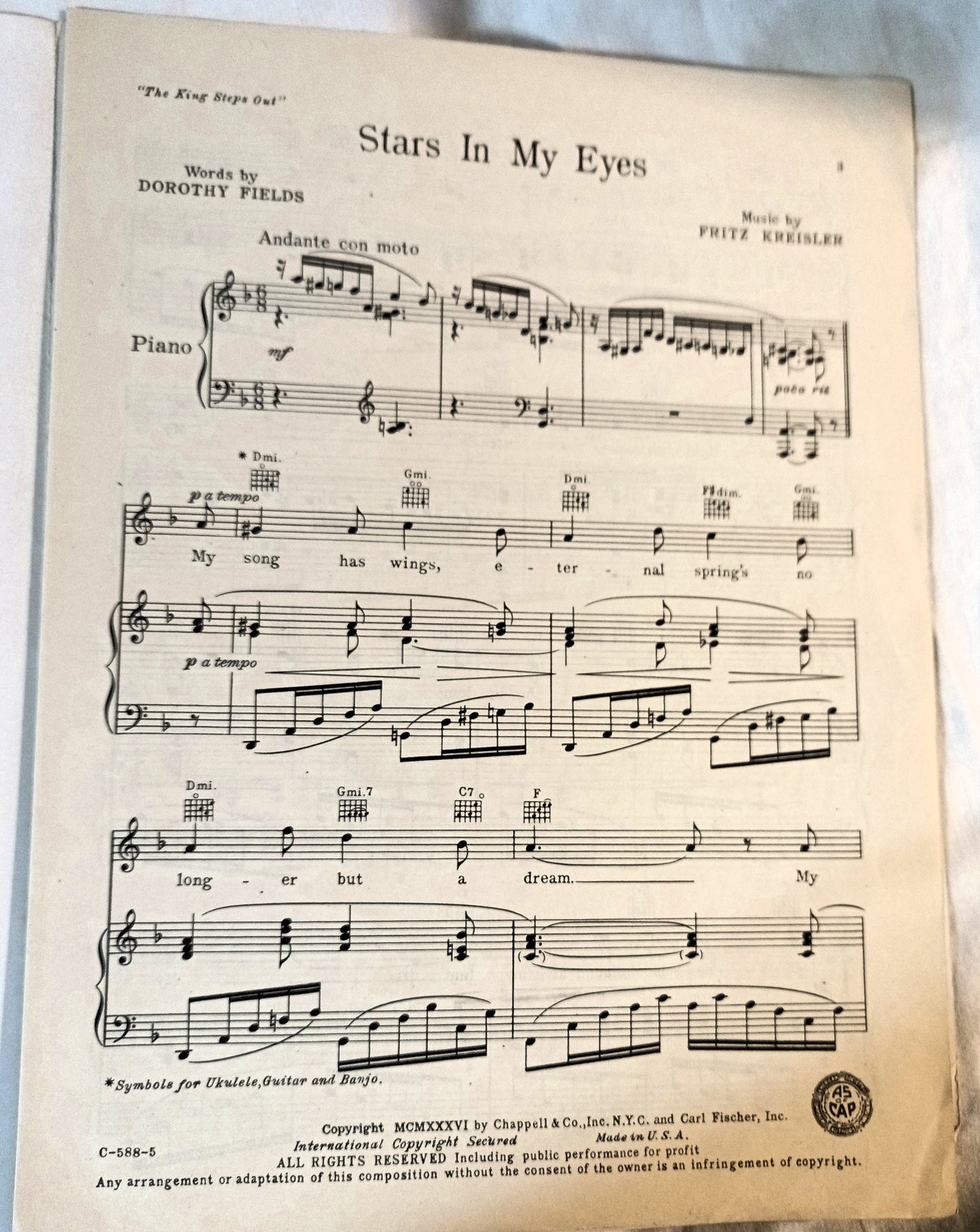 Stars In My Eyes The King Steps Out Grace Moore Sheet Music 1936 - TulipStuff