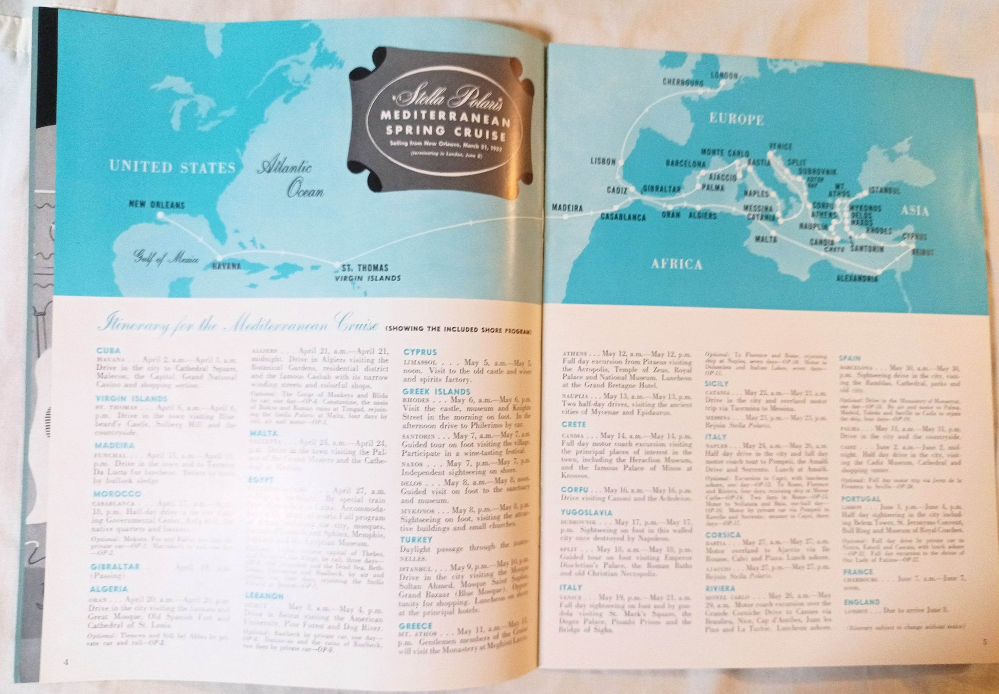Clipper Line Stella Polaris 1952 Mediterranean Spring Cruise Brochure - TulipStuff