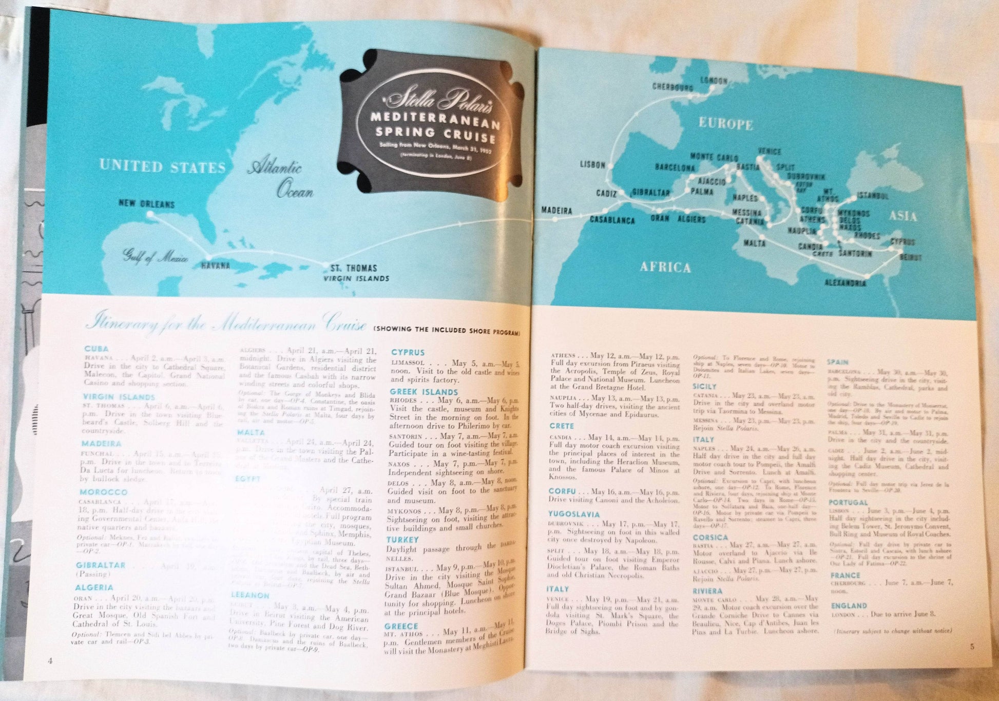 Clipper Line Stella Polaris 1952 Mediterranean Spring Cruise Brochure - TulipStuff