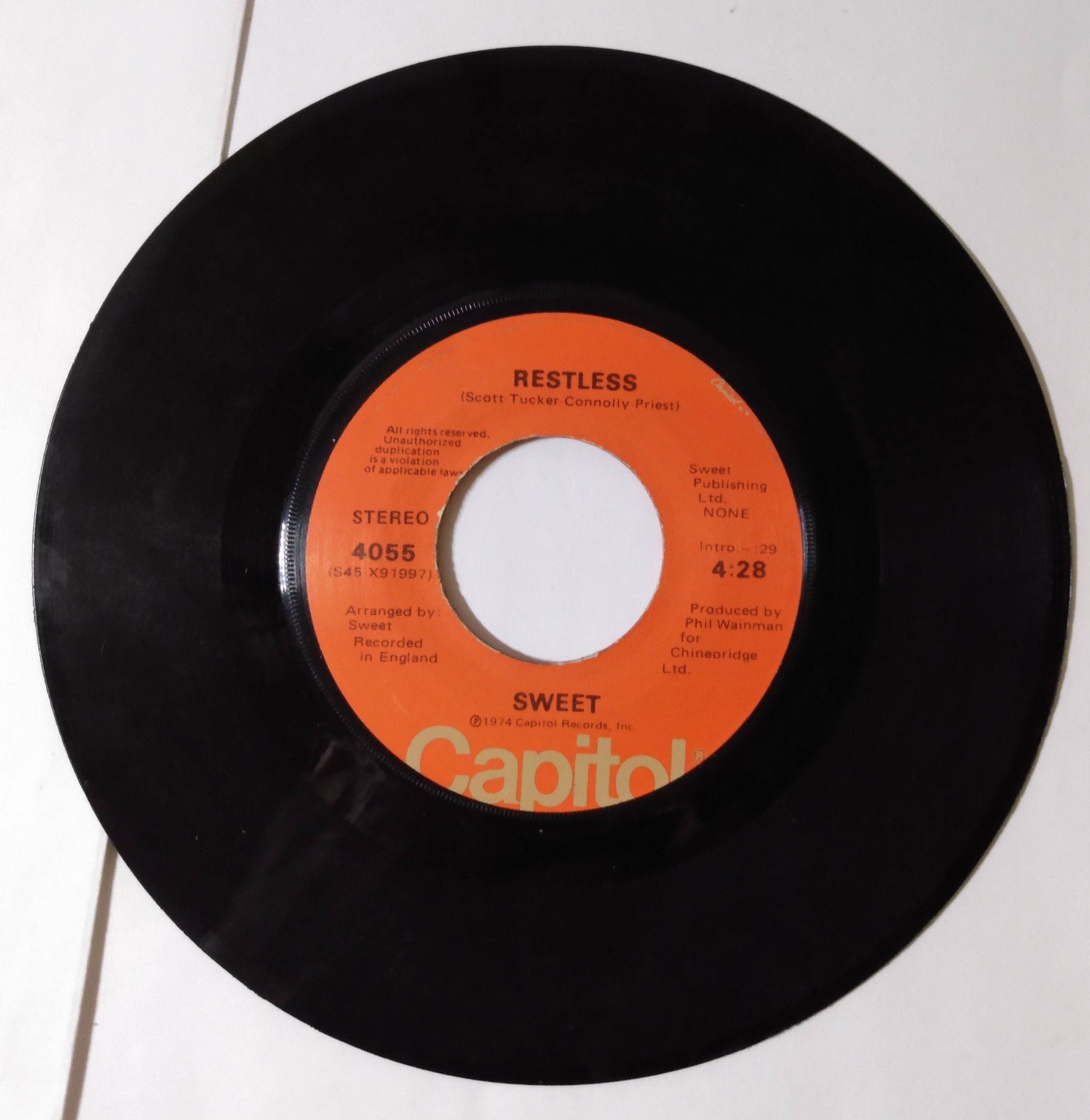 The Sweet Ballroom Blitz / Restless Glam Rock 7" Vinyl Capitol 1974 - TulipStuff