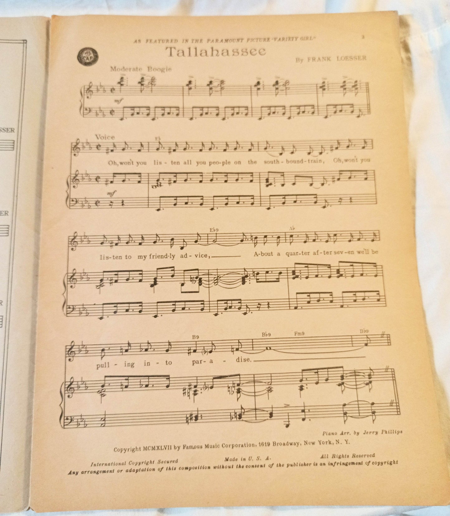 Tallahassee Variety Girl Frank Loesser Sheet Music 1947 - TulipStuff