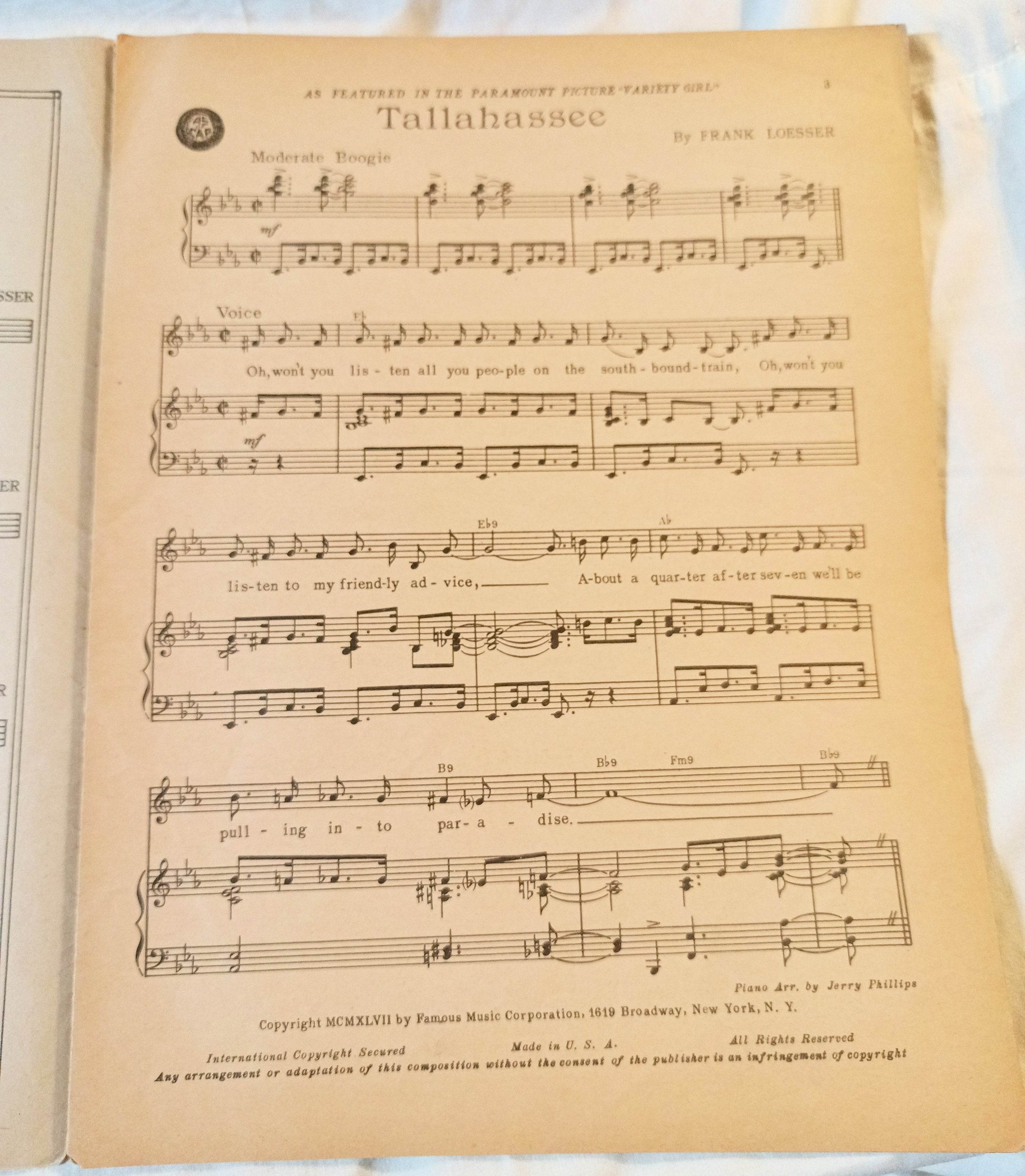 Tallahassee Variety Girl Frank Loesser Sheet Music 1947 - TulipStuff