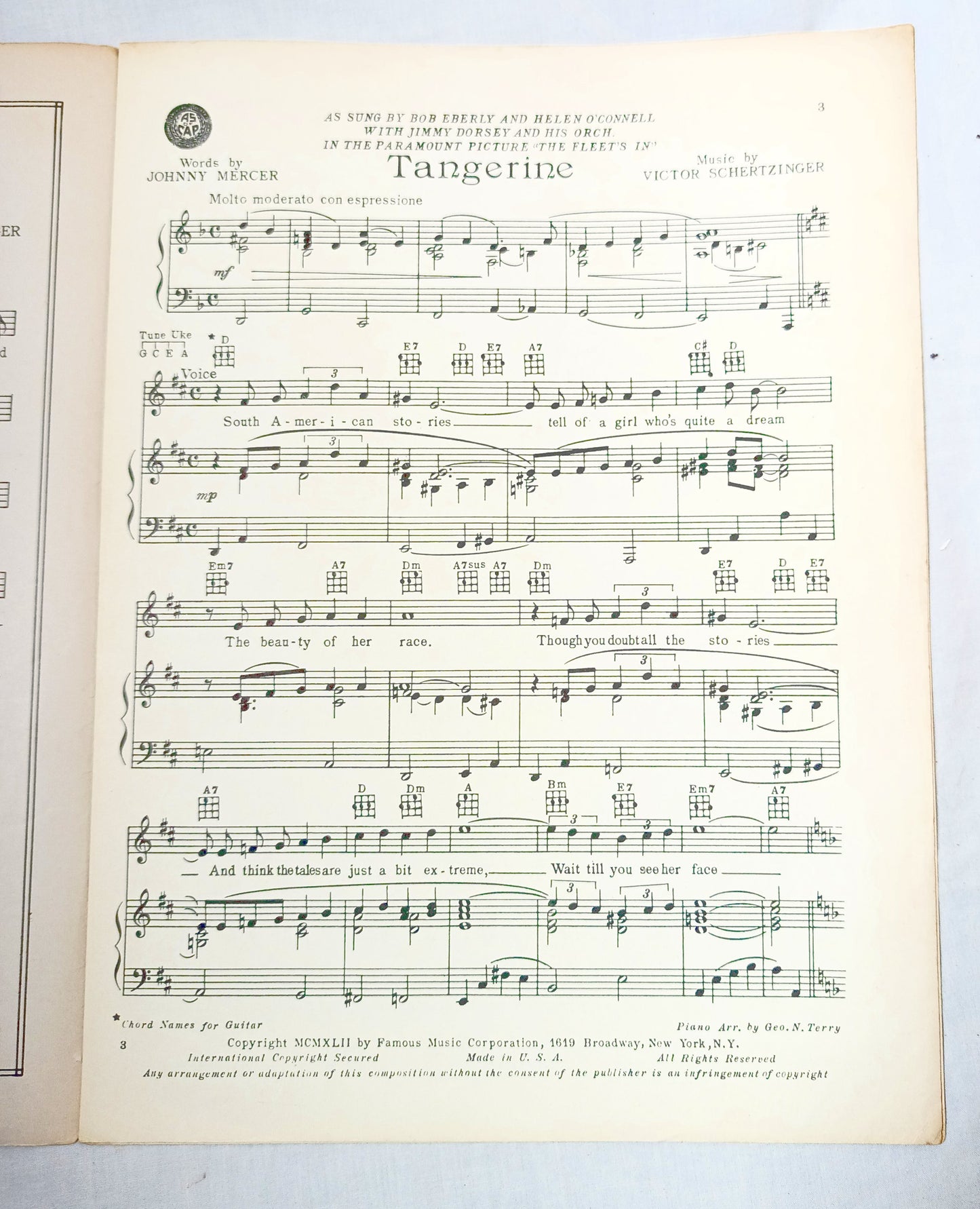 Tangerine Fleet's In Dorothy Lamour Jimmy Dorsey Sheet Music  1942 - TulipStuff