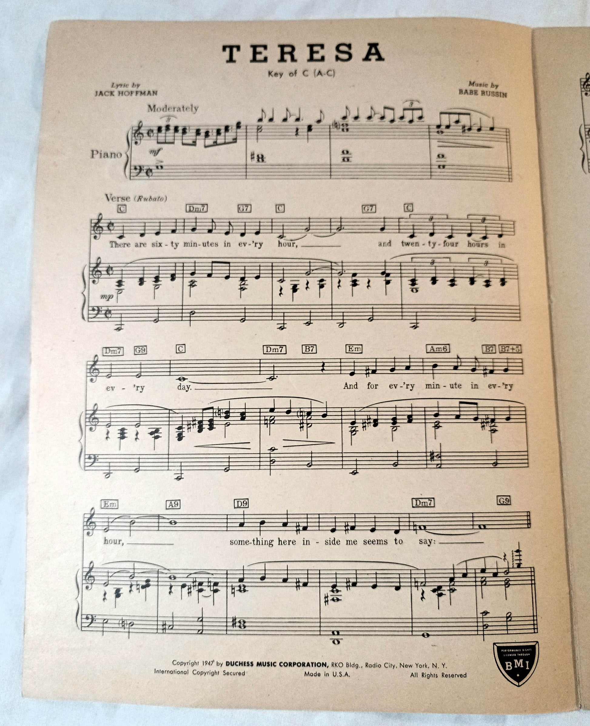 Teresa 1947 Sheet Music Jack Hoffman Babe Russin - TulipStuff