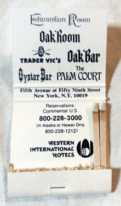 The Plaza Hotel 5th Ave 59th St New York Matchbook Late 1970's - TulipStuff