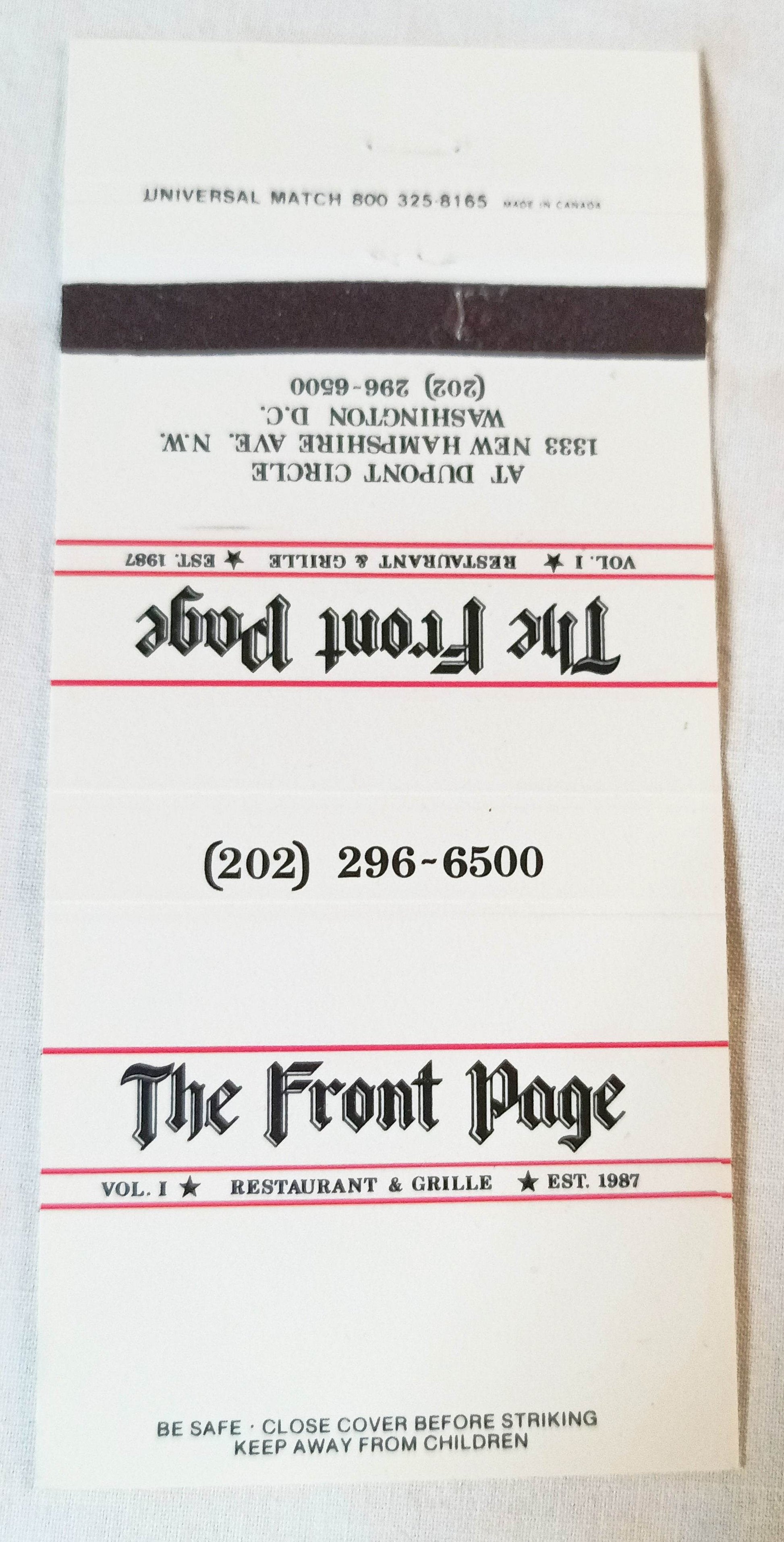 The Front Page Restaurant Grille Washington DC Matchbook Cover 1990's - TulipStuff