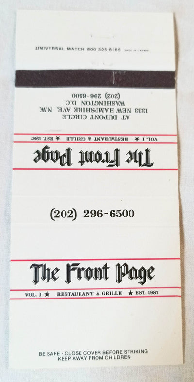 The Front Page Restaurant Grille Washington DC Matchbook Cover 1990's - TulipStuff