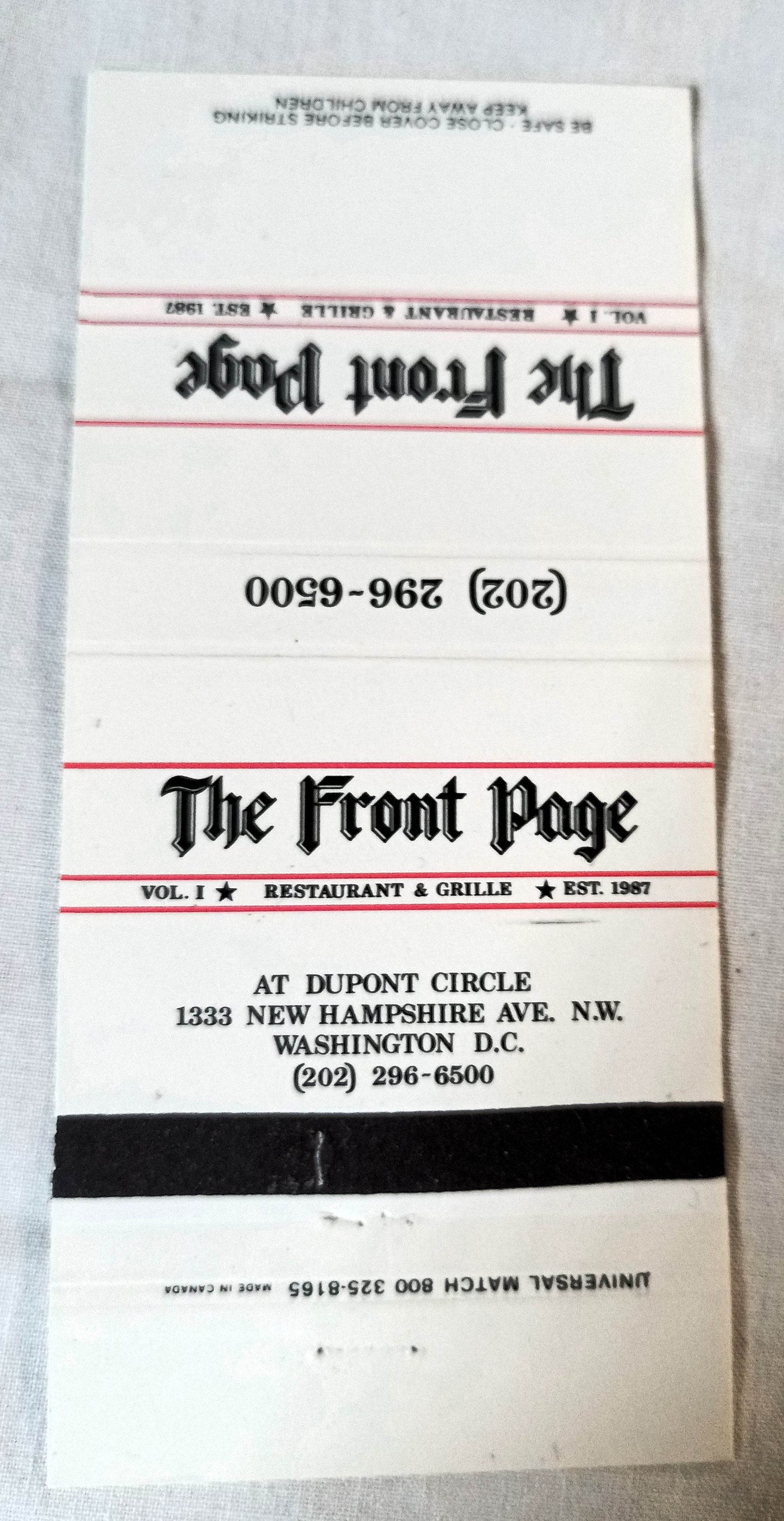 The Front Page Restaurant Grille Washington DC Matchbook Cover 1990's - TulipStuff