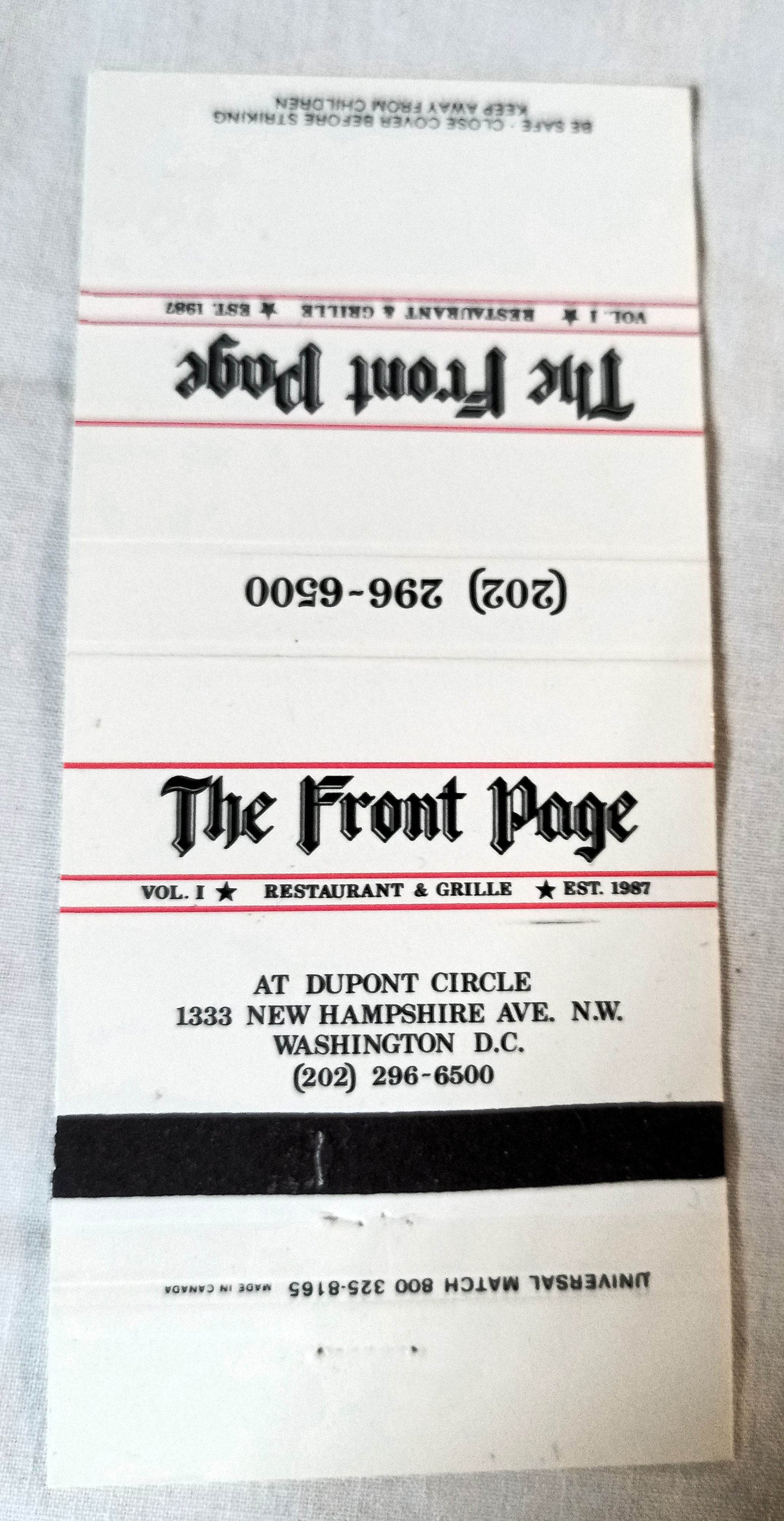 The Front Page Restaurant Grille Washington DC Matchbook Cover 1990's - TulipStuff