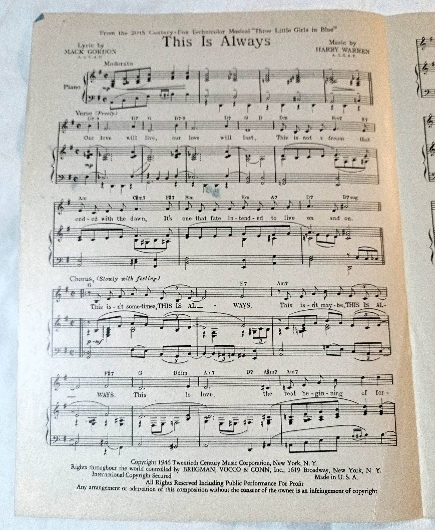 This Is Always Three Little Girls In Blue Sheet Music 1946 June Haver - TulipStuff