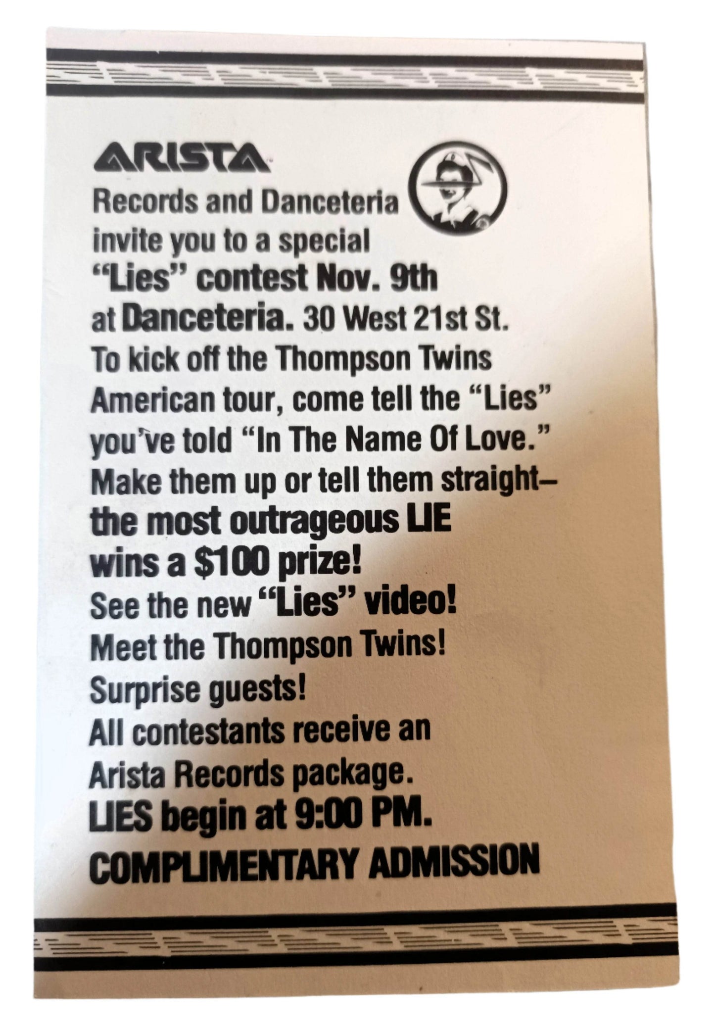 Thompson Twins Lies Contest Comp Pass Danceteria NYC November 1982