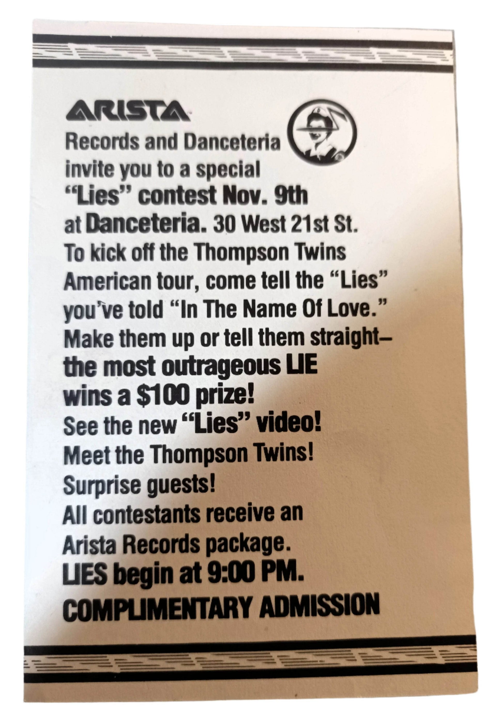 Thompson Twins Lies Contest Comp Pass Danceteria NYC November 1982