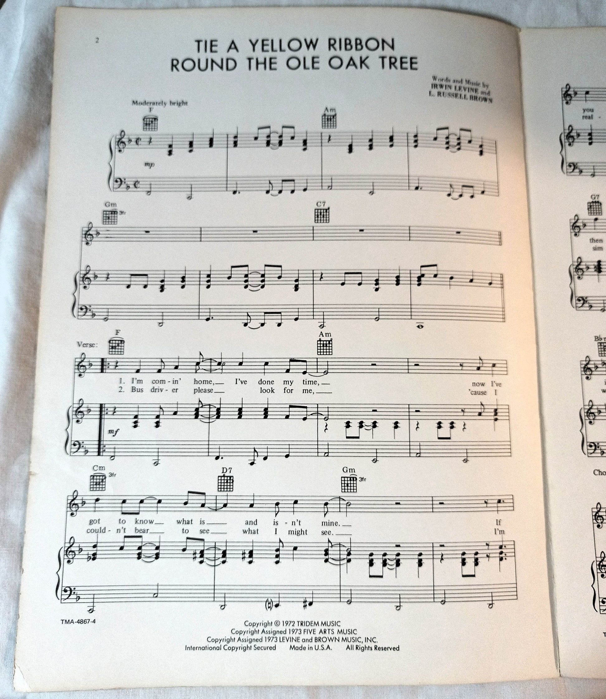 Tie A Yellow Ribbon Round The Ole Oak Tree Tony Orlando Dawn Sheet Music - TulipStuff