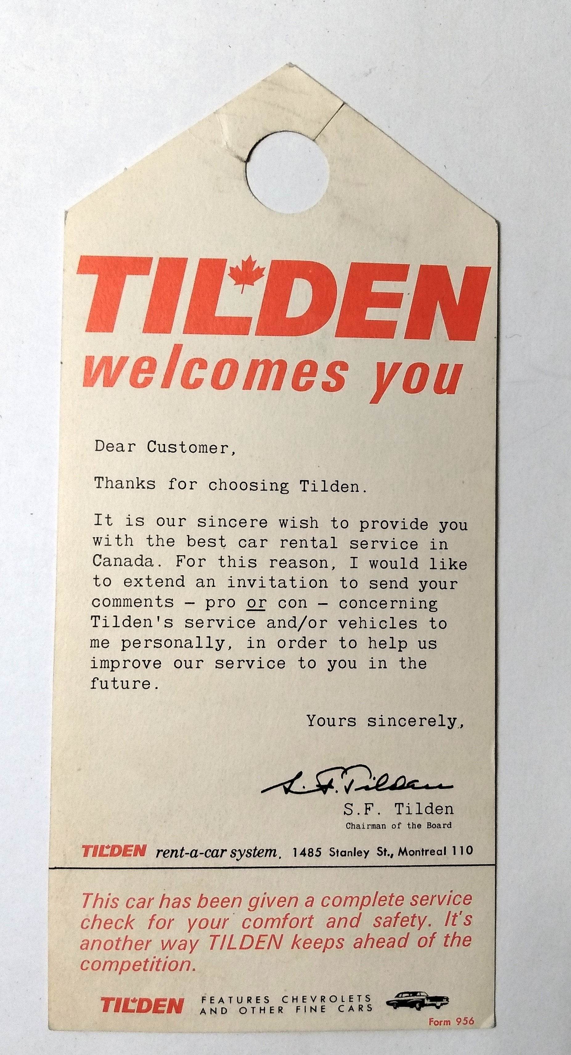 Tilden Rent-A-Car System Customer Welcome Folder Canada Late 1960's - TulipStuff