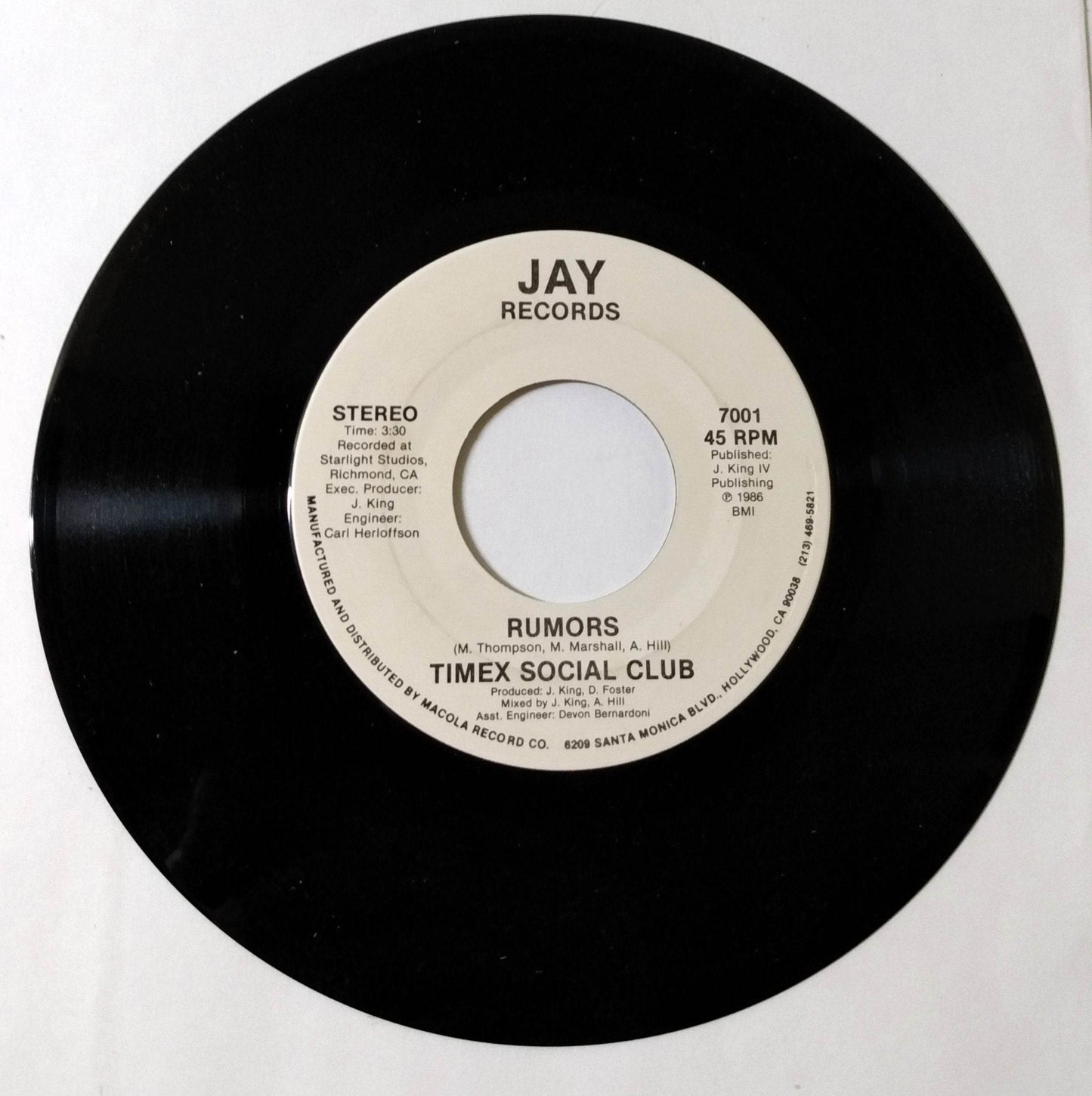 Timex Social Club Rumors R&B 7" Vinyl Jay Records 1986 - TulipStuff