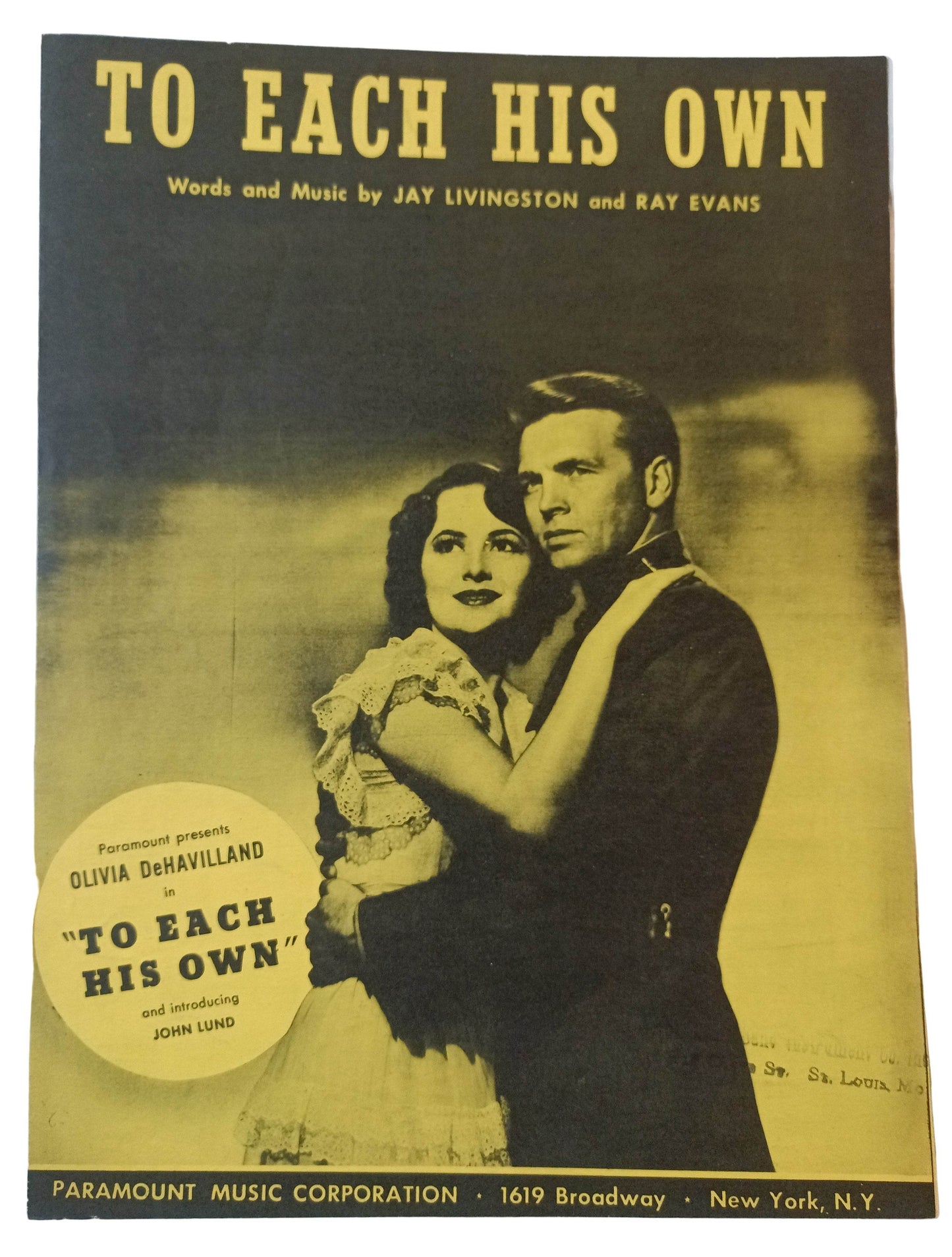 To Each His Own Olivia DeHavilland John Lund Sheet Music 1946 - TulipStuff
