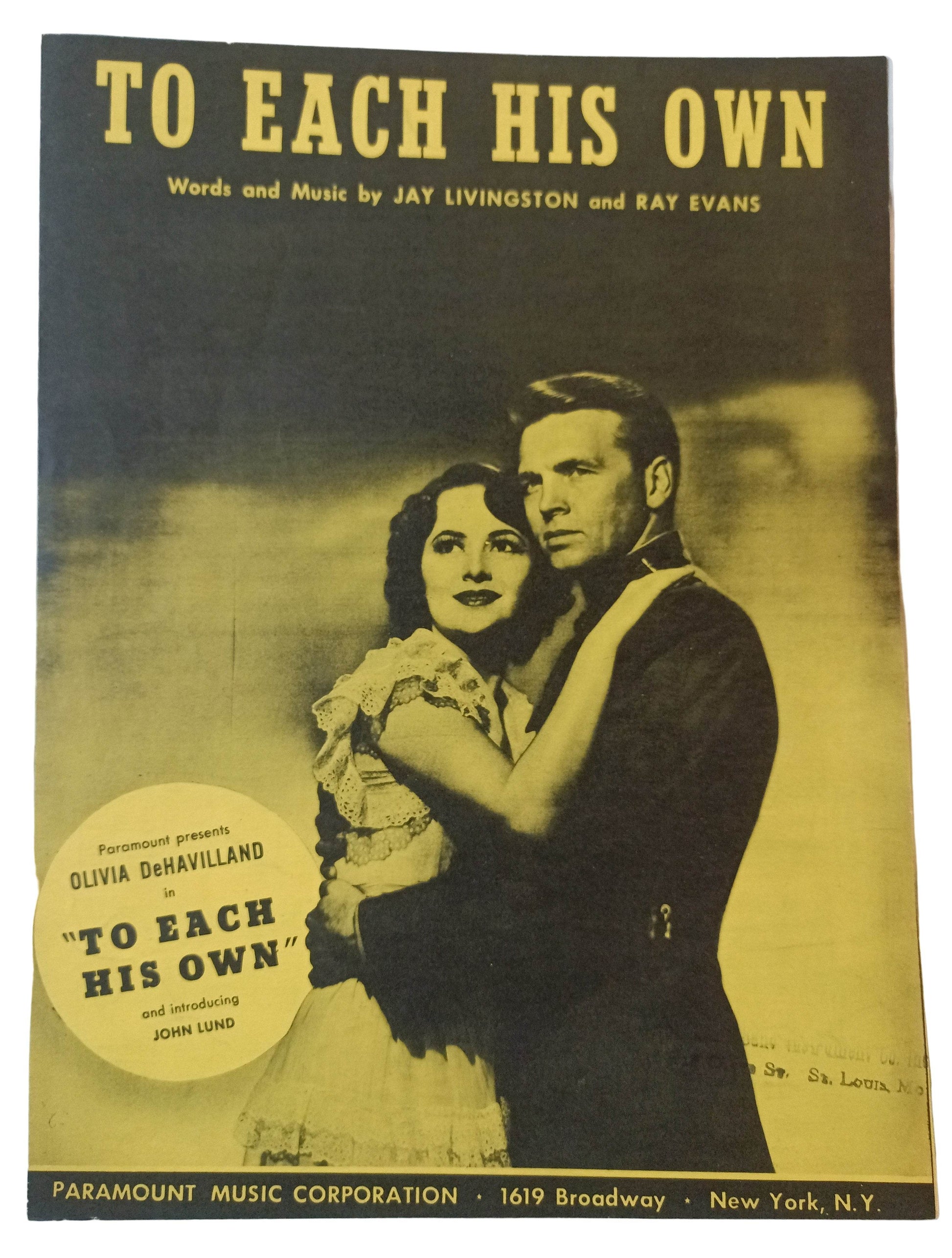 To Each His Own Olivia DeHavilland John Lund Sheet Music 1946 - TulipStuff