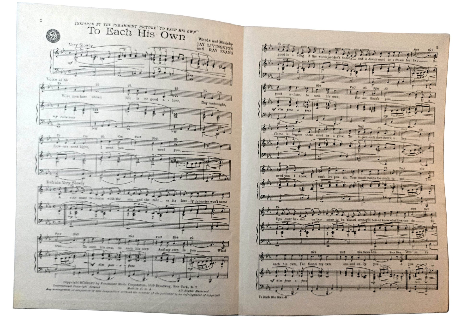 To Each His Own Olivia DeHavilland John Lund Sheet Music 1946 - TulipStuff