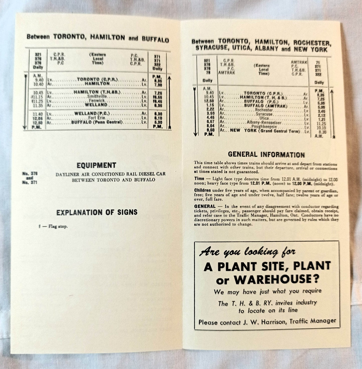 Toronto Hamilton And Buffalo Railway Company Timetables 1973 - TulipStuff