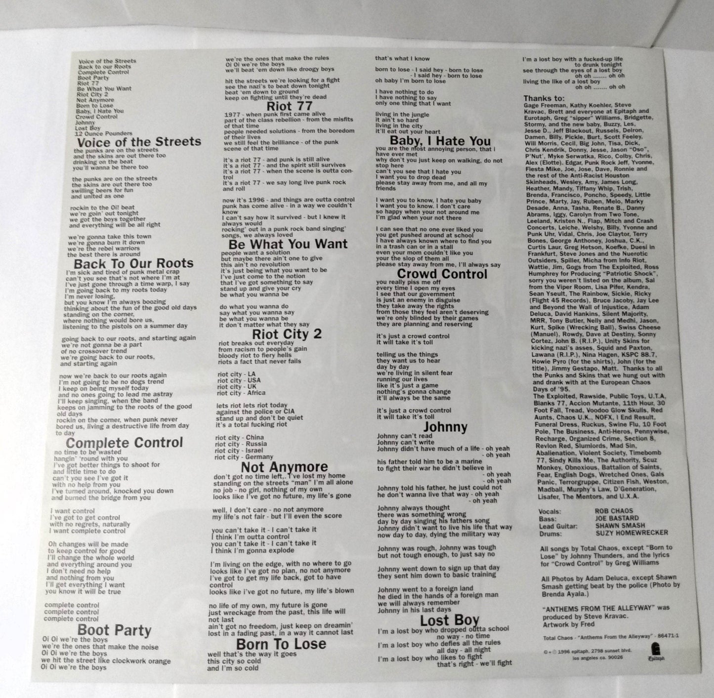 Total Chaos Anthems From The Alleyway Street Punk 12" Vinyl LP 1996 - TulipStuff