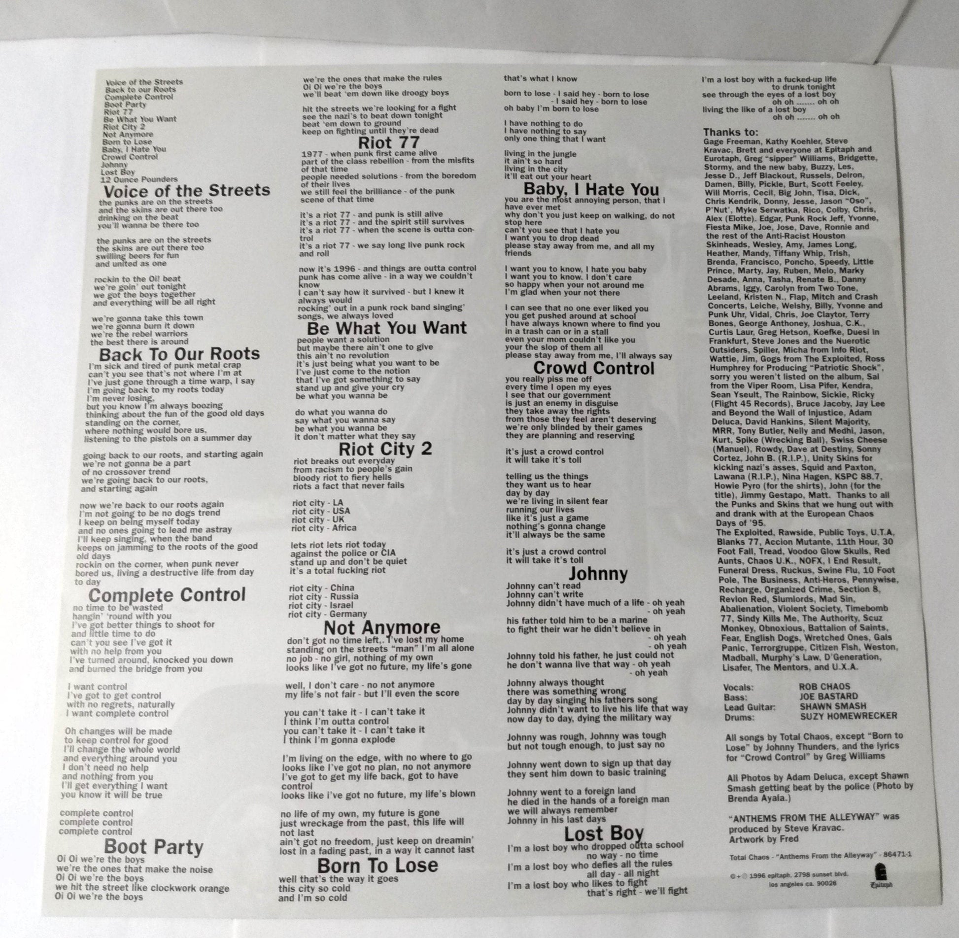 Total Chaos Anthems From The Alleyway Street Punk 12" Vinyl LP 1996 - TulipStuff