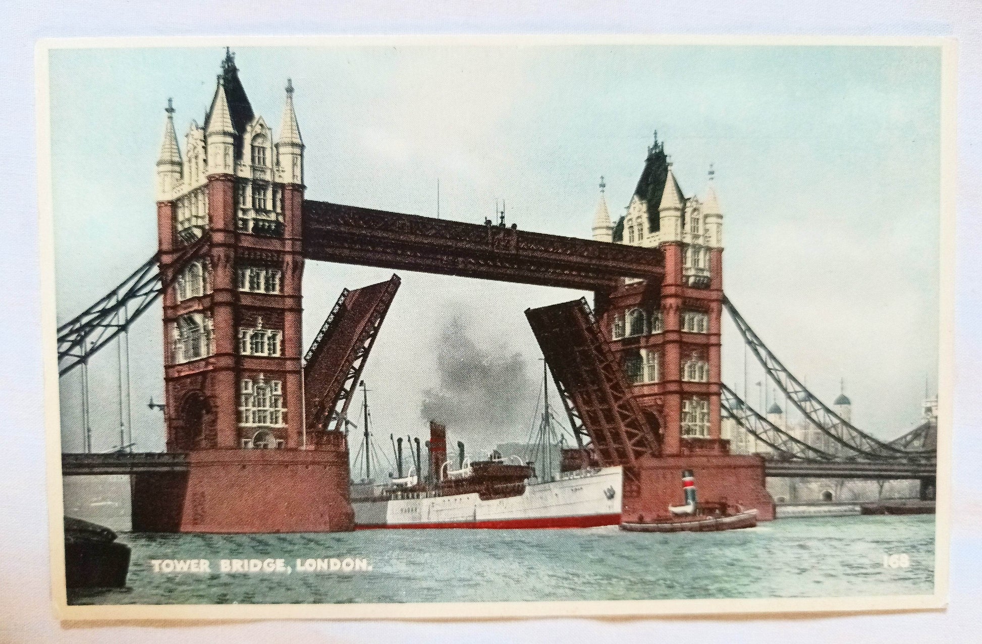 Ship Passing Under Tower Bridge London Postcard WW2 Churchill 1943 - TulipStuff