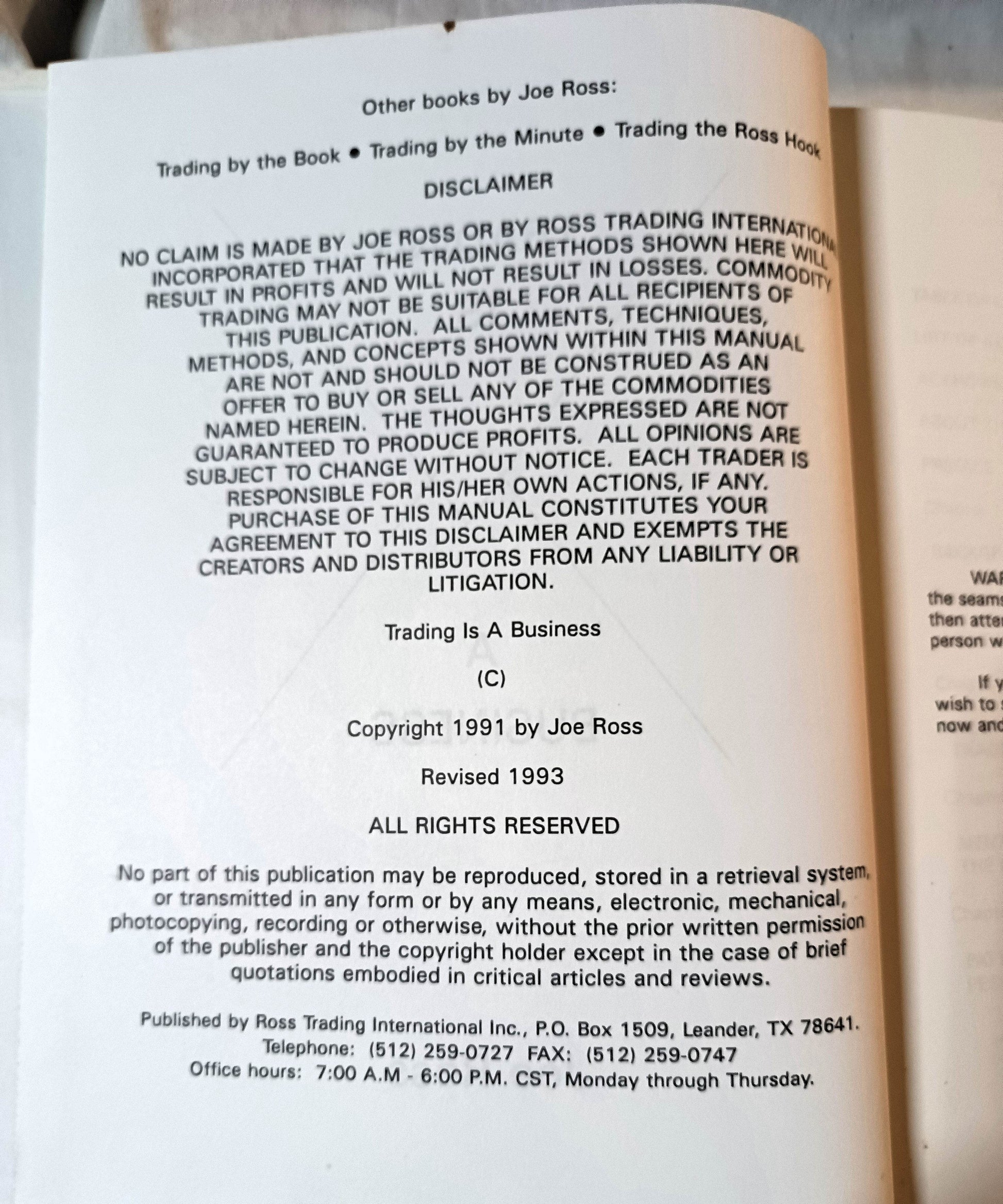 Trading Is A Business Joe Ross Ross Trading Hardcover 1993 - TulipStuff